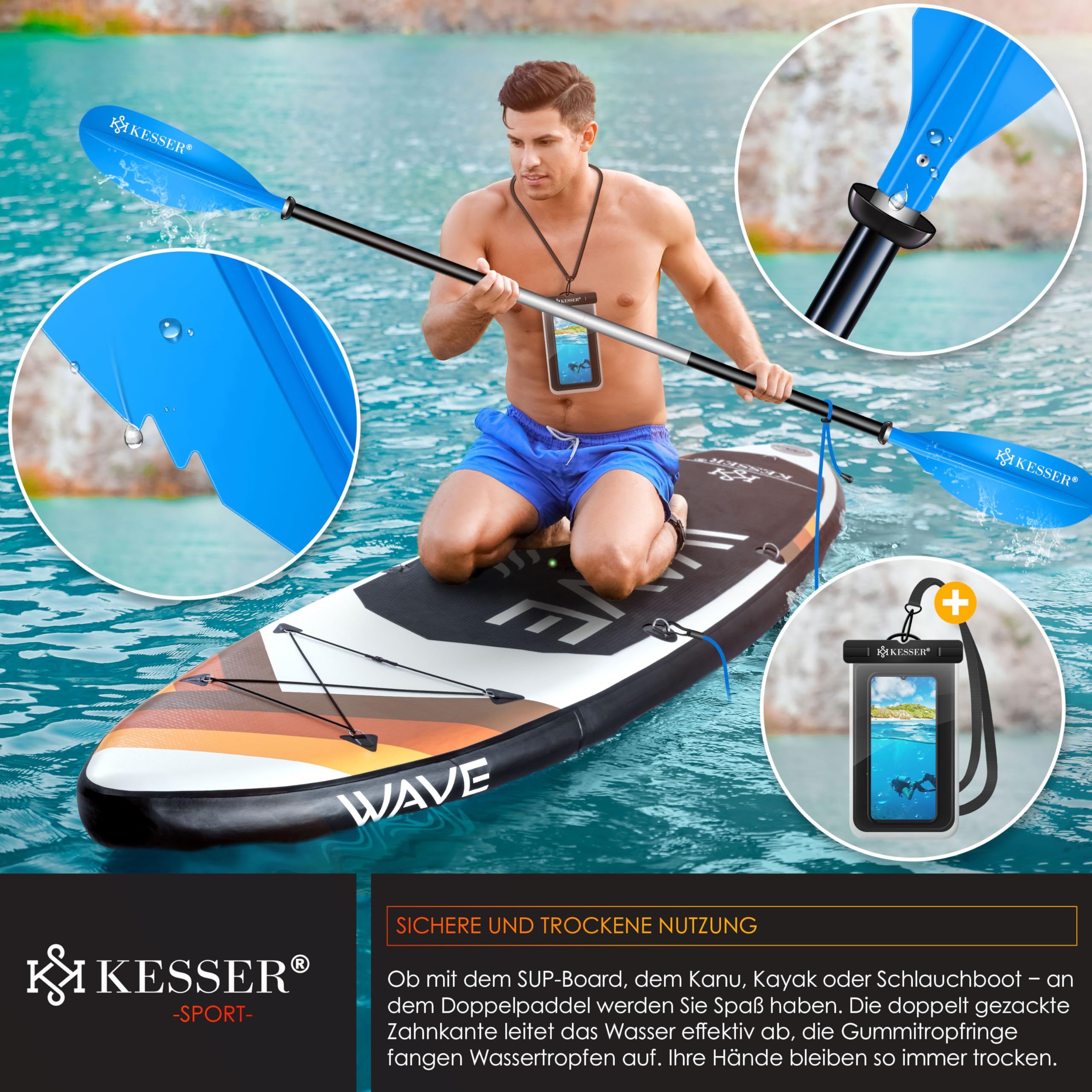 KESSER® Paddle Doppelpaddel - 4-teilig für Kayak SUP Stand-Up Paddling Board Stechpaddel, 228cm Aluminum Perfekt für Schlauchboot, Stand Up Paddel Inkl. Sicherheitsschnur, Handyhülle, Surfboard Boot