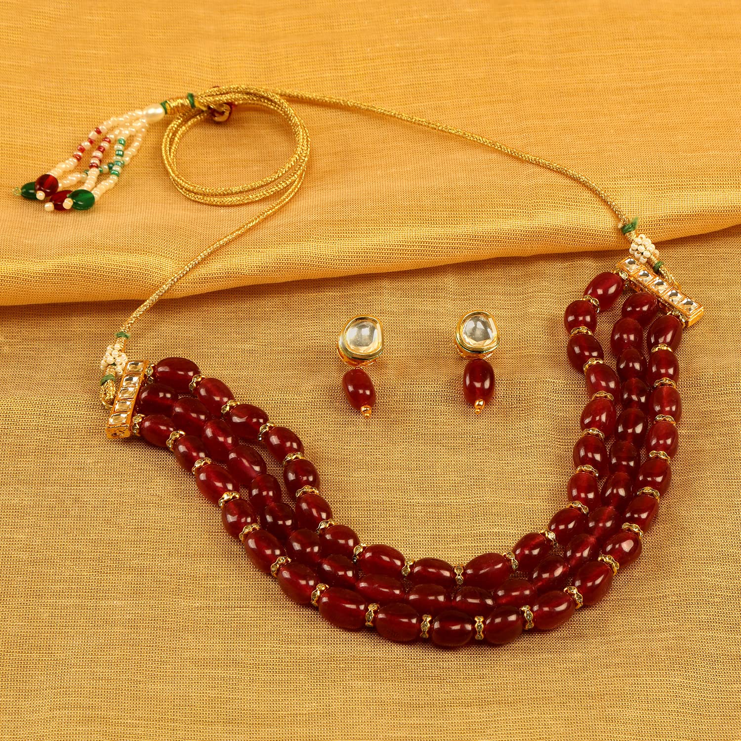 Women's Statement Beads Choker Necklace & Delicate Kundan Earrings Set, Gift-Ready
