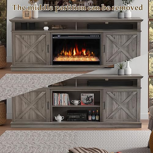 Miniatura 7 de Soporte de TV con chimenea de 72 pulgadas para televisores de hasta 80 pulgadas, centro de entretenimiento con chimenea eléctrica de 26 pulgadas,