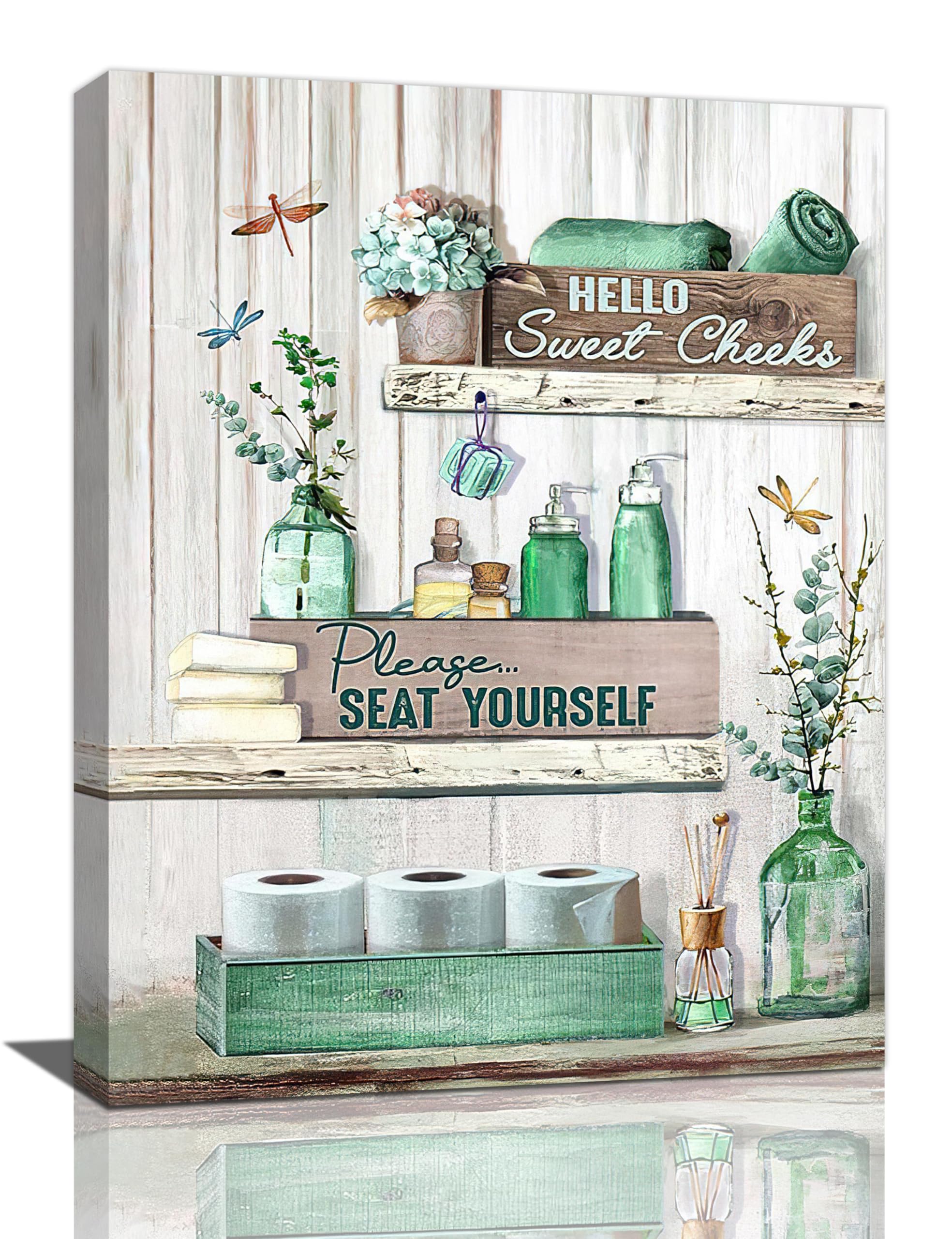 Citari Bathroom Decor Canvas Wall Art, Teal Bathroom Rules Pictures Wall Decor Rustic Farmhouse Dragonfly Painting Print Please Seat Yourself Signs