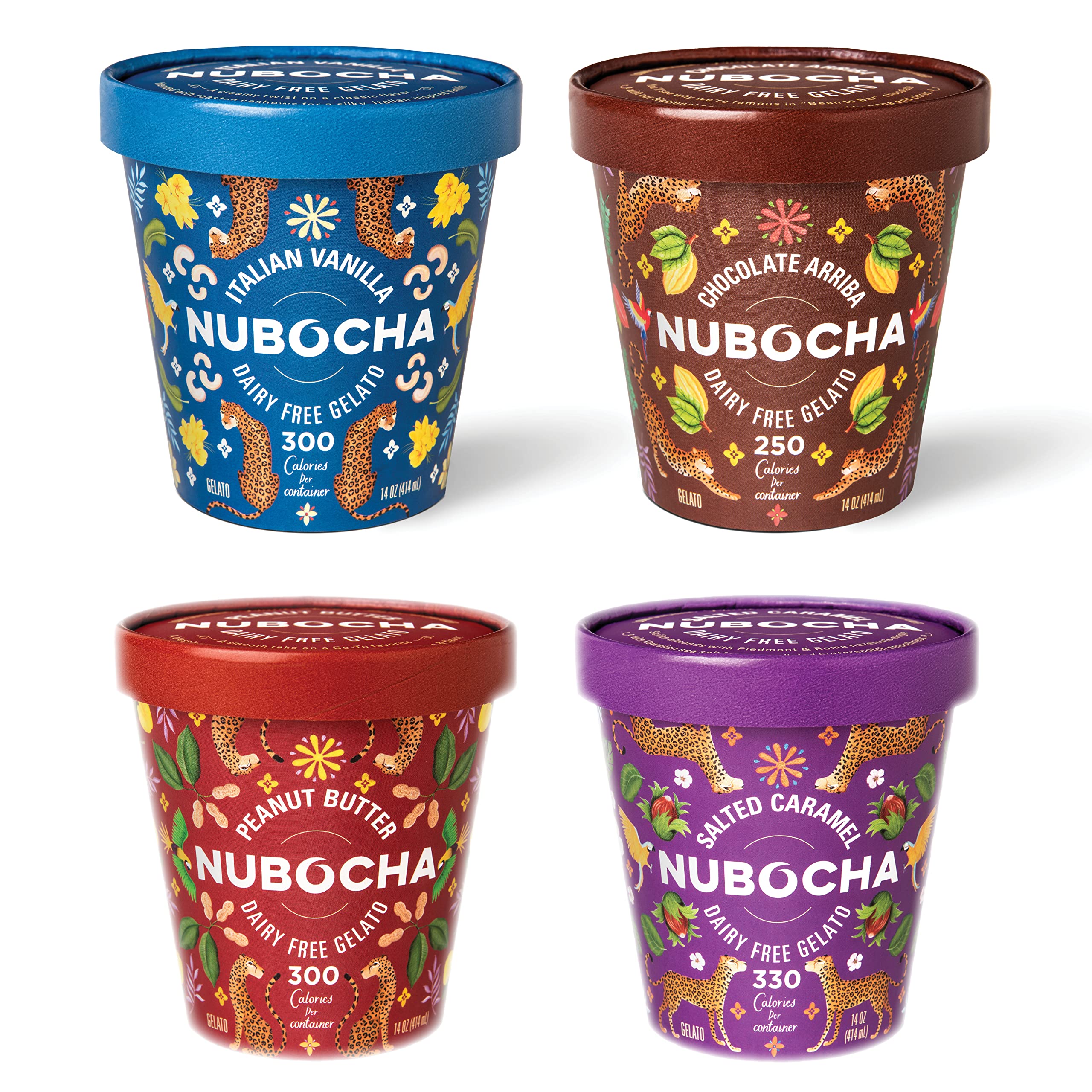 Nubocha Non Dairy Gelato Variety Pack - Keto - Gluten Free - Vegan - 0g Sugar - Non-GMO - Low Net Carbs - 1 Pint Each of Vanilla, Chocolate, Peanut Butter and Salted Caramel Flavors (4 Count)