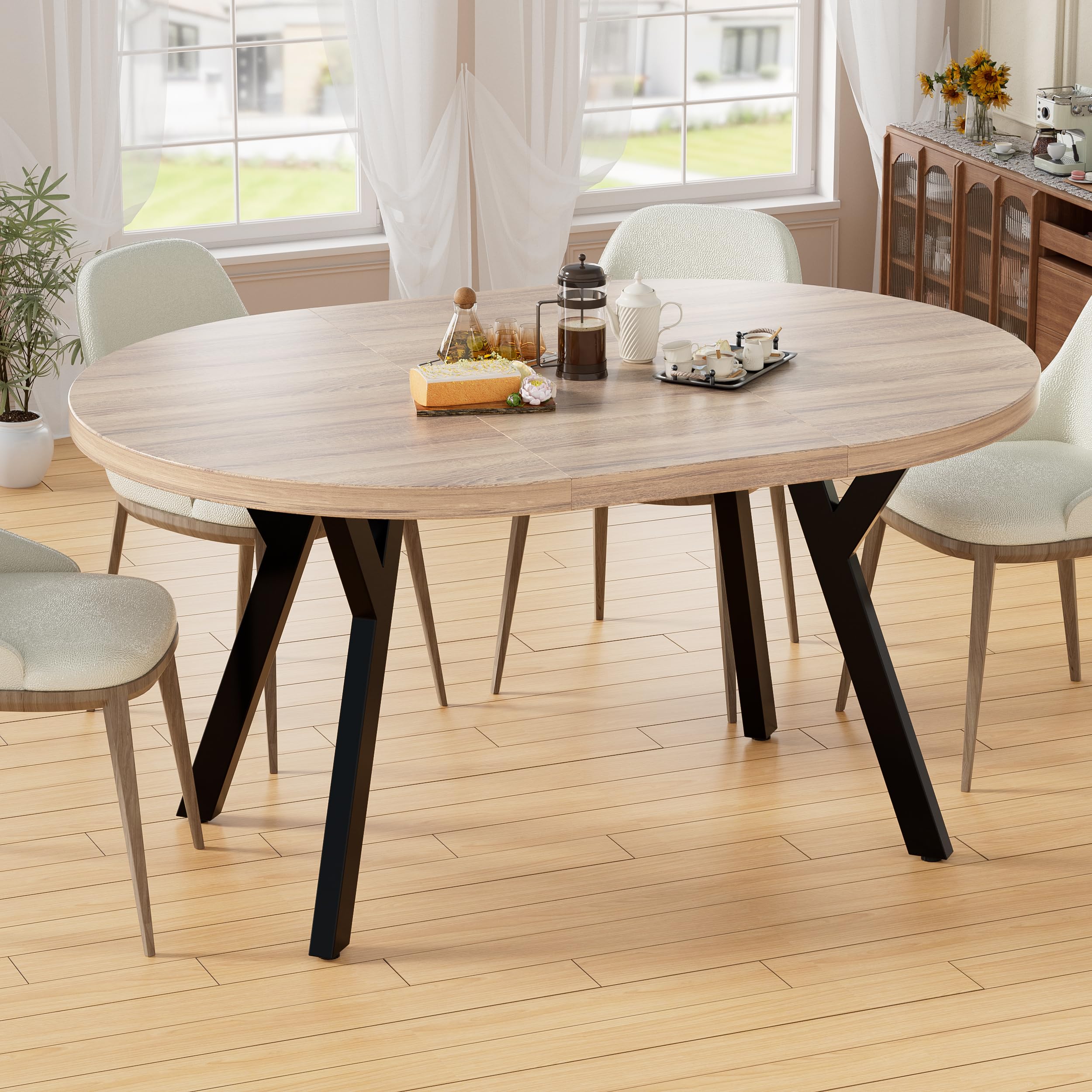 MSFE Tavolo da Pranzo, Tavolo Rotondo Allungabile per 4-6 Persone, 100-140 cm, Tavolo da Cucina con Gambe a Croce in Acciaio e Piano in Legno per spazi multifunzionali