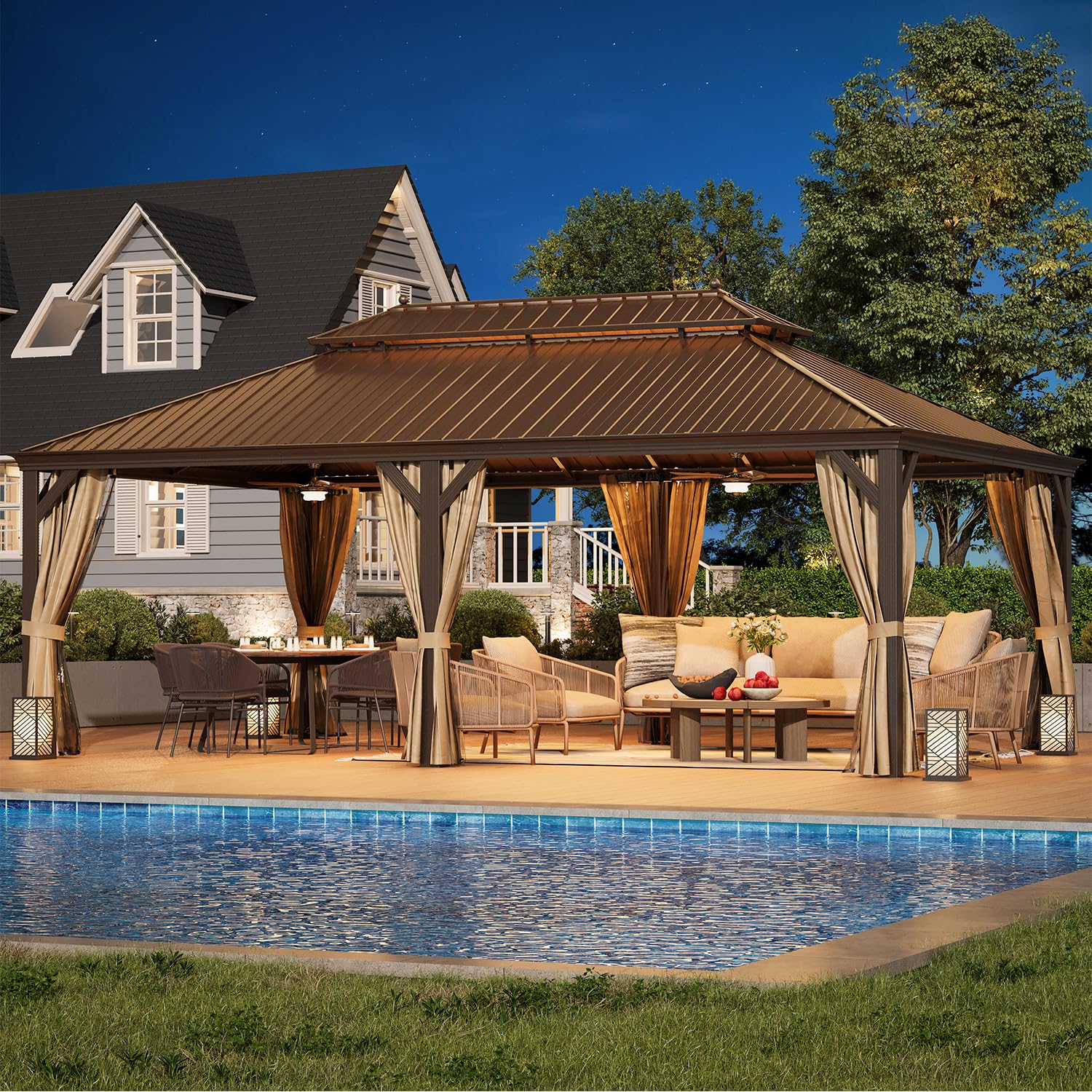 YOLENY 14'x24' Hardtop Gazebo,Galvanized Steel Double Roof Gazebos with Aluminum Frame, Permanent Metal Pavilion with Netting and Curtains for Patio Backyard Deck and Lawns