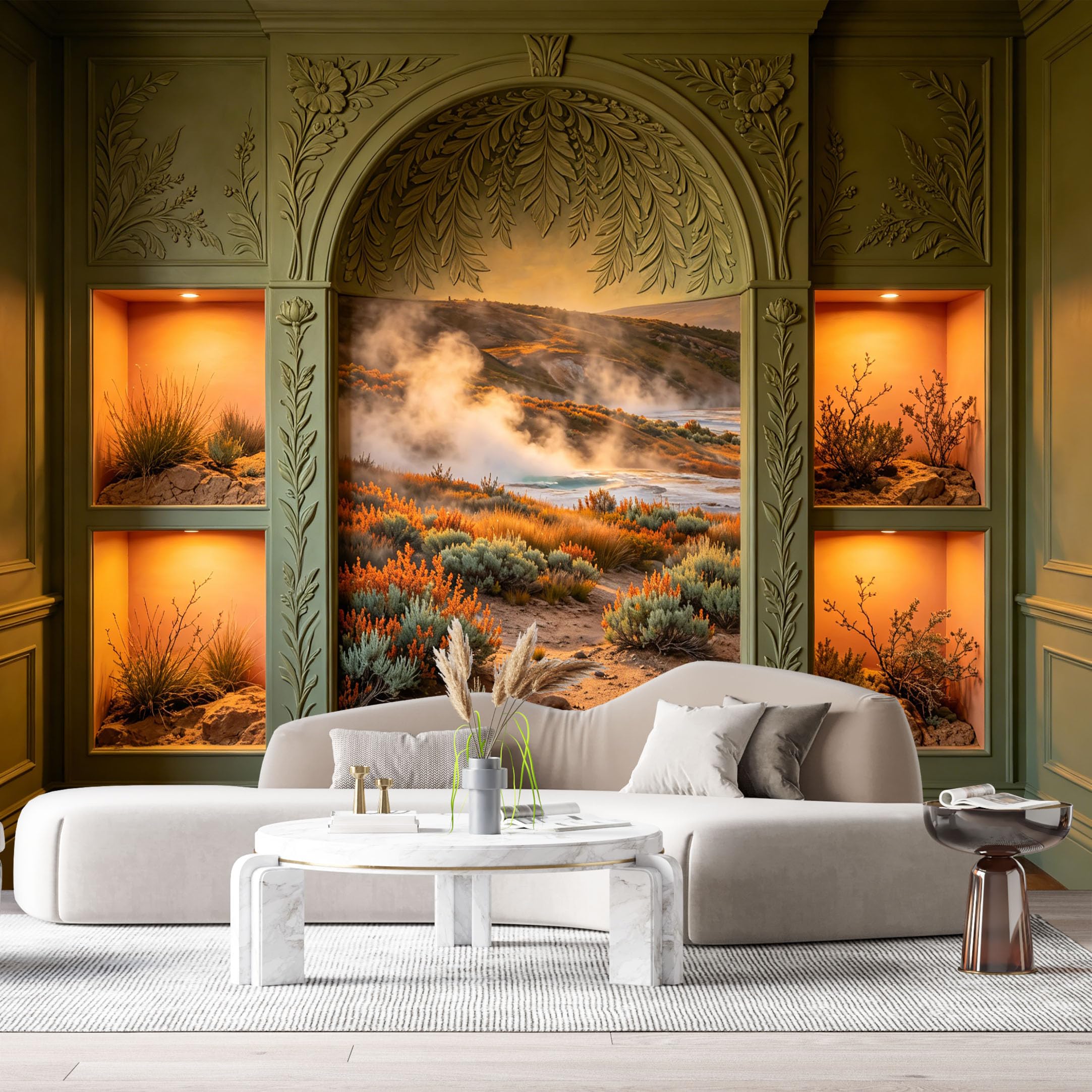Custom Size Wall Murals Misty Landscape Autumn Hills Geothermal Waterfall Floral Carvings 3D Trompe L'Oeil SelfAdhesiveWall Fabric Removable Wallpaper Wall Decor for Living Room