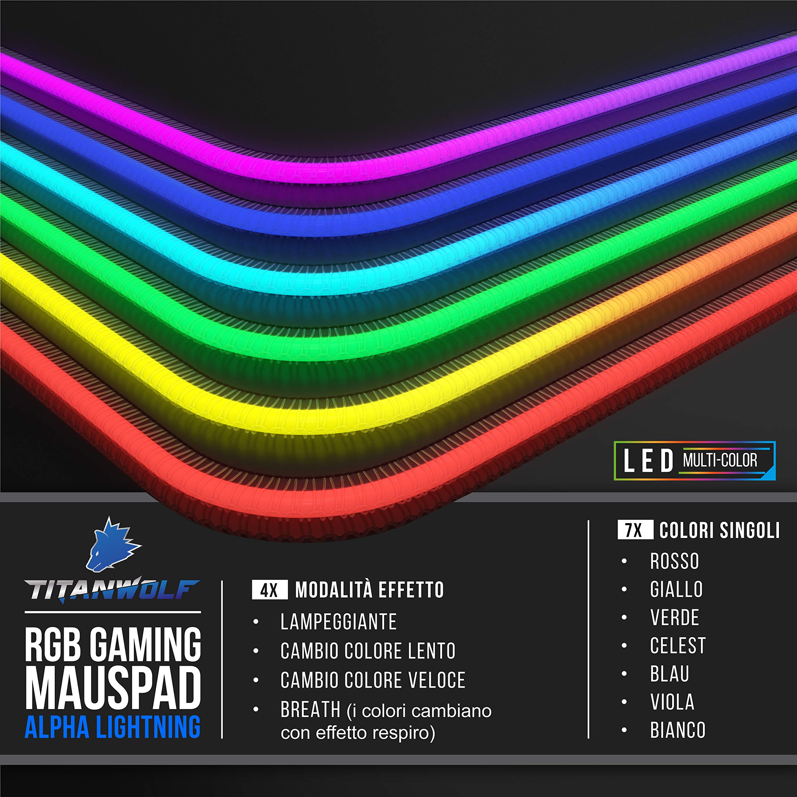 TITANWOLF - RGB Tappetino per Mouse da Gioco XXL - 800x300mm - 11 LED Colori e Effetti di Luce - Precisione e velocità - Lato Inferiore gommato - Lavabile