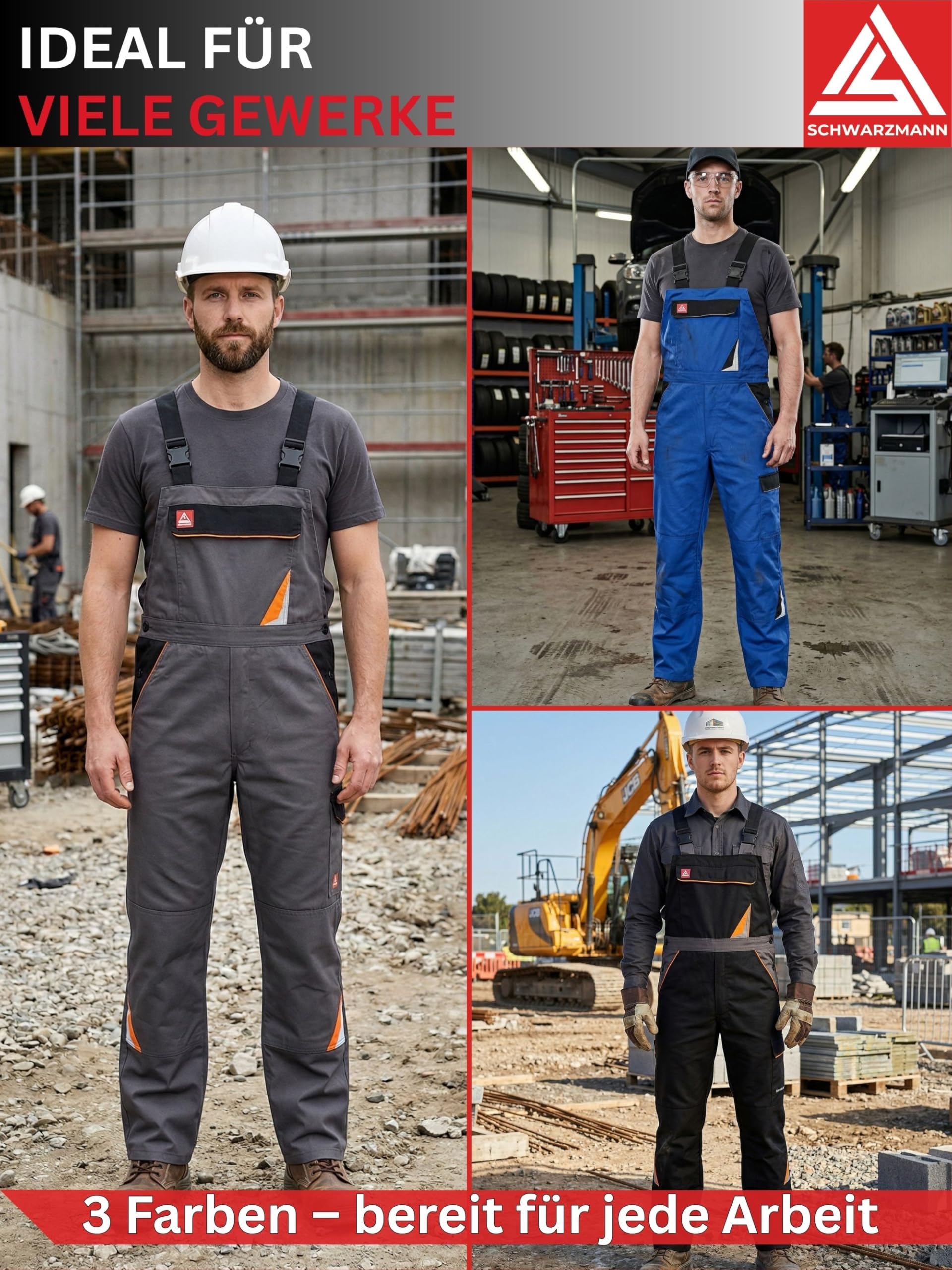 Arbeitshose Herren Latzhose mit Stretchbund 6 Taschen robuste Arbeitskleidung Männer Arbeitslatzhose mit Kniepolstertaschen Berufskleidung Handwerk Bau Industrie KFZ Werkstatt Lager Garten Sanitär DIY