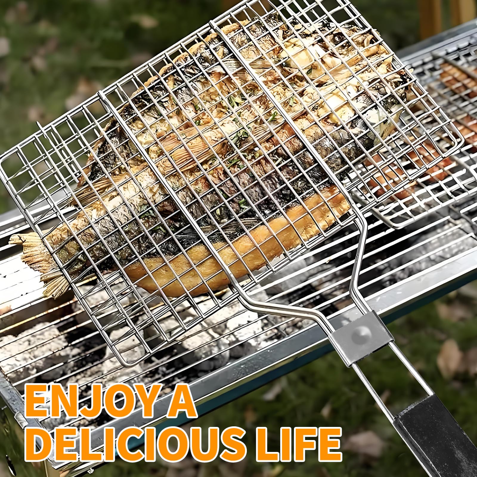 Fisch- und Gemüse-Grillkorb, tragbarer Edelstahl-Grillkorb, zusammenklappbar, Outdoor-Camping, Grillrost für Fisch, Garnelen, Gemüse, Griller, Kochzubehör (schwarz)