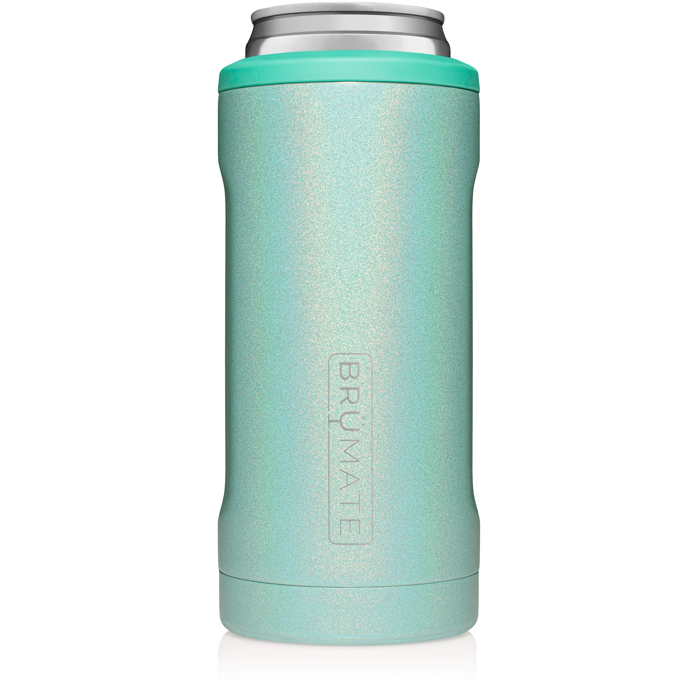BrüMate Hopsulator Slim Can Cooler Insulated for 12oz Slim Cans | Skinny Can Insulated Stainless Steel Drink Holder for Hard Seltzer, Beer, Soda, and Energy Drinks (Glitter Aqua)
