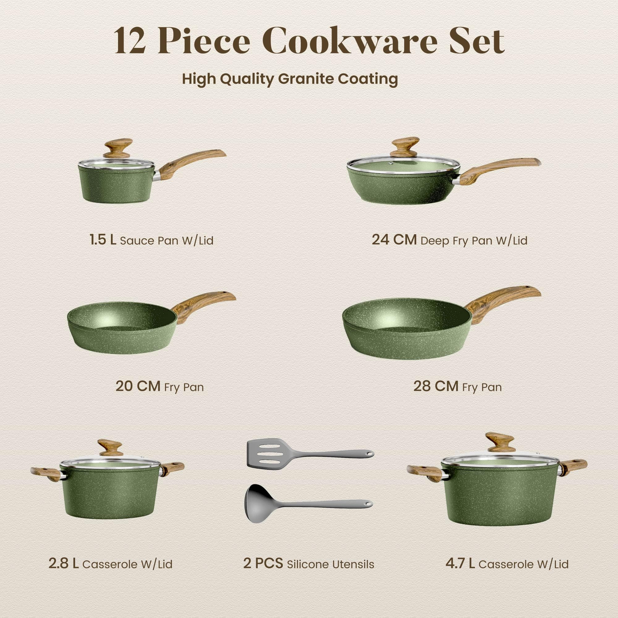 Kitchen Academy Juego de utensilios de cocina antiadherentes de granito, 12 piezas, compatible con inducción, juego de sartenes verdes con sartén y cacerola, sin PFOA