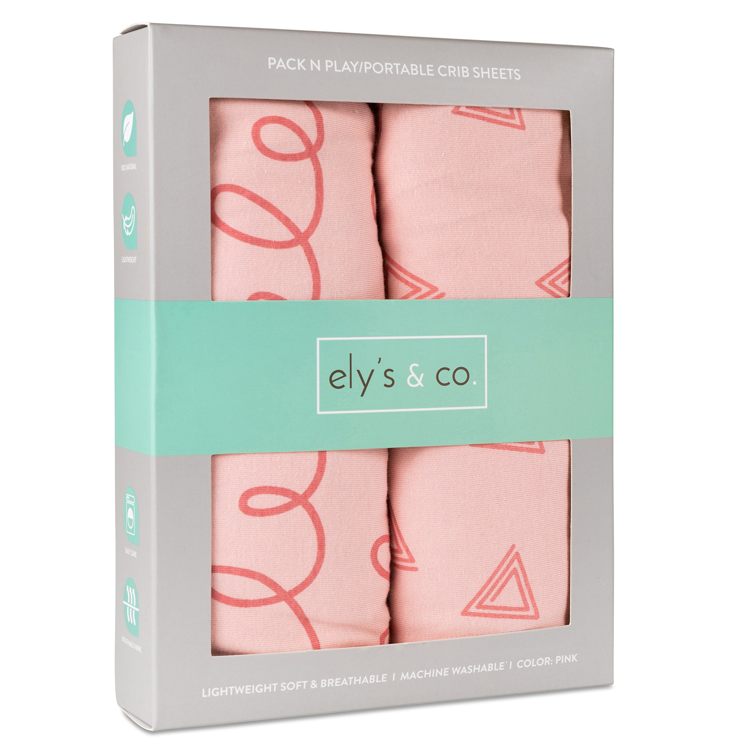 Ely's & Co. Pack n Play Playard Sheets, Mini Crib Sheet for Baby Girl 100% Jersey Cotton - Pink Squiggles and Triangles