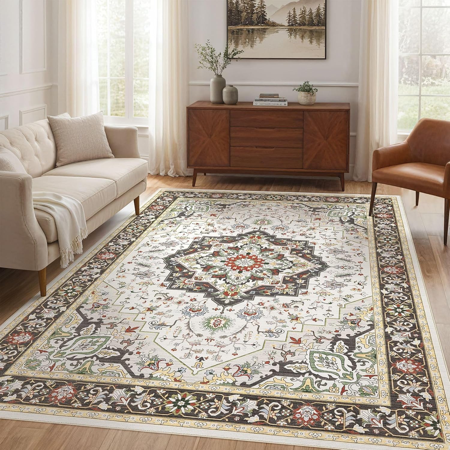 Area Rug for Living Room: 6x9 Soft Washable Rugs Vintage Large Non-Slip Backing Stain Resistant Carpet for Bedroom Dining Room or Home Office Home Decor - Black/Multi