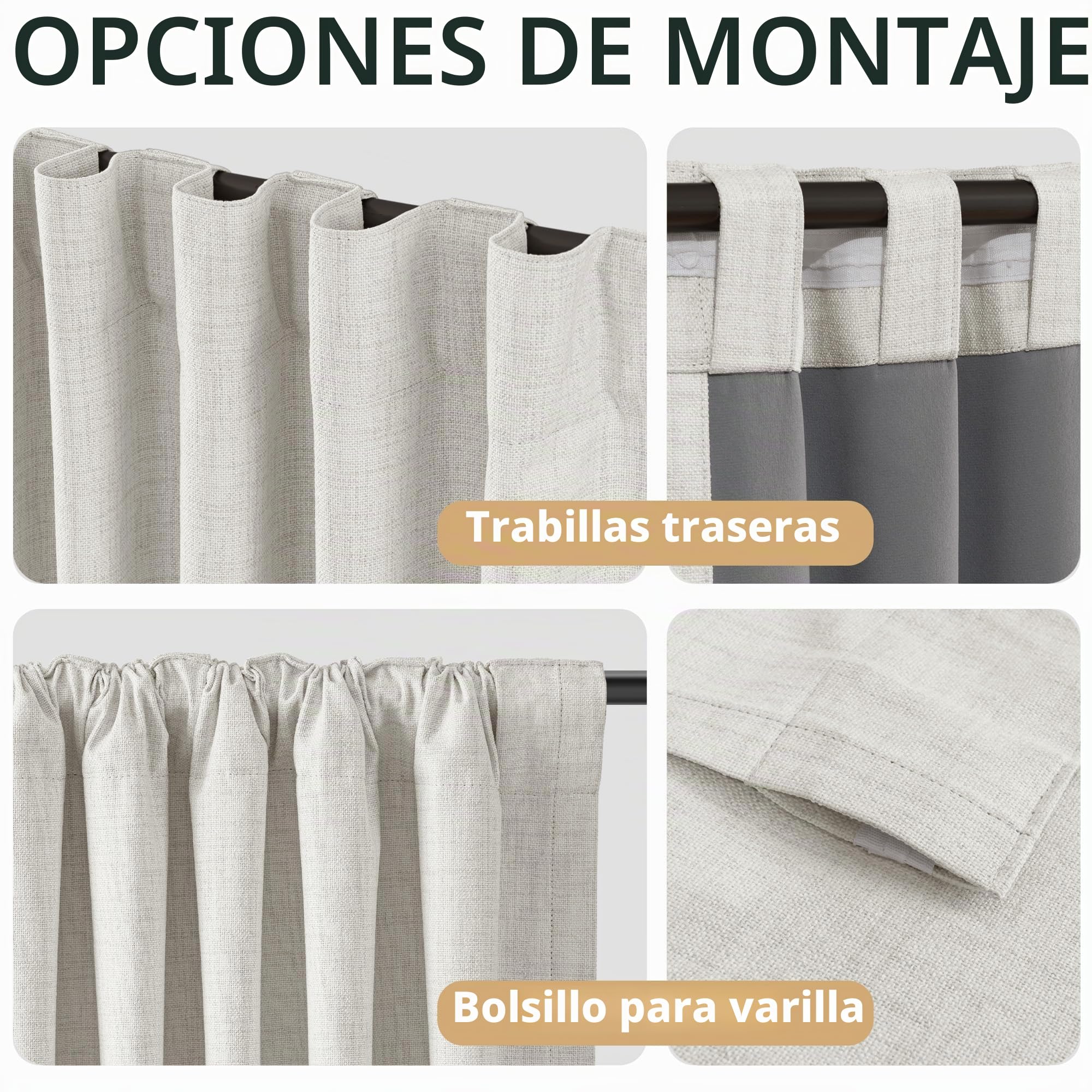 Cortinas 100% Opacas con Trabillas Ocultas, Efecto Lino, Juego de 2 Cortinas Opacas con Pasabarras para Dormitorio o Salón – Alto 245 x Ancho 140 cm, Beige