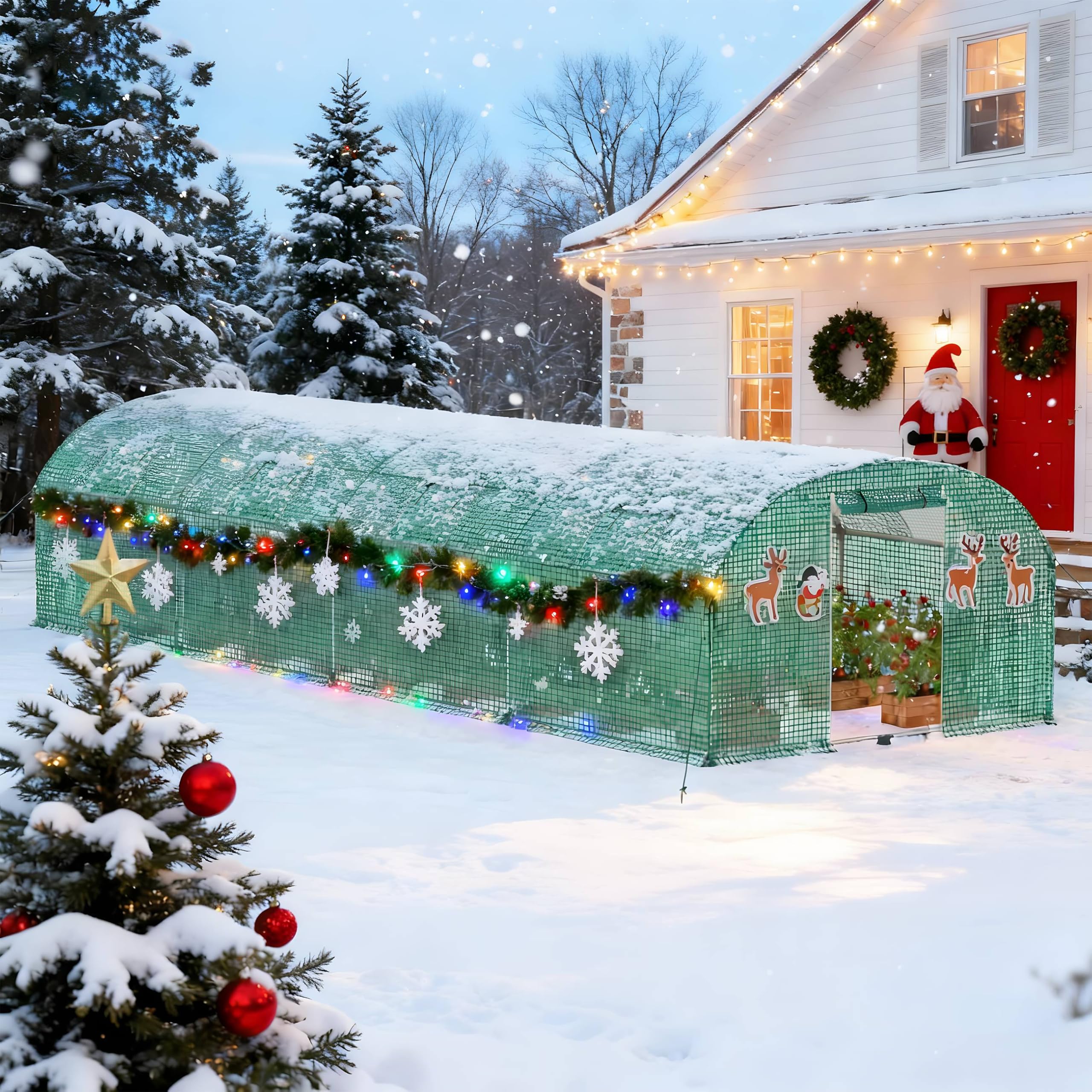 24㎡ Frostschutz Gartengewächshäuser aus Stahl Rahmen 3x8x2m HDPE Foliengewächshaus mit 8 Insektenschutzgitter Fenster & Tür Begehbares Gewächshaus Garten Überwinterungszelt für Pflanzen