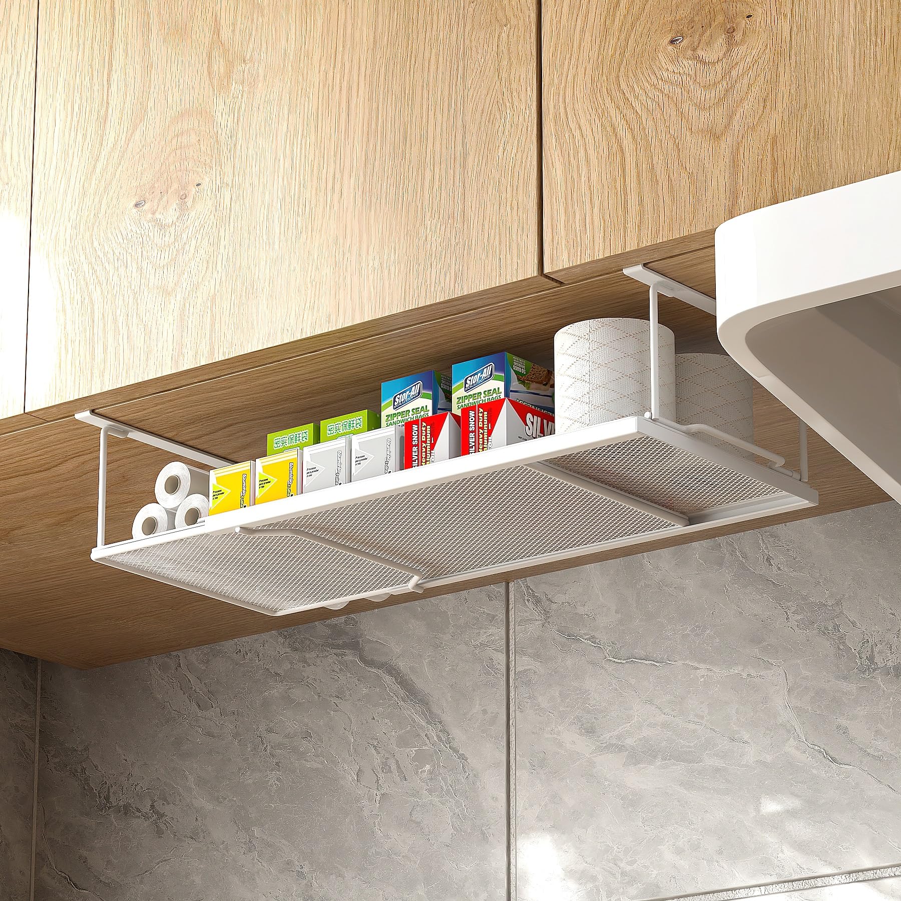 YOLOPARK Under Shelf Organizer, Extendable Under Shelf Storage for Pantry Cabinet, Laundry Room, Shoe Bench, Closet (1 Pack, White)