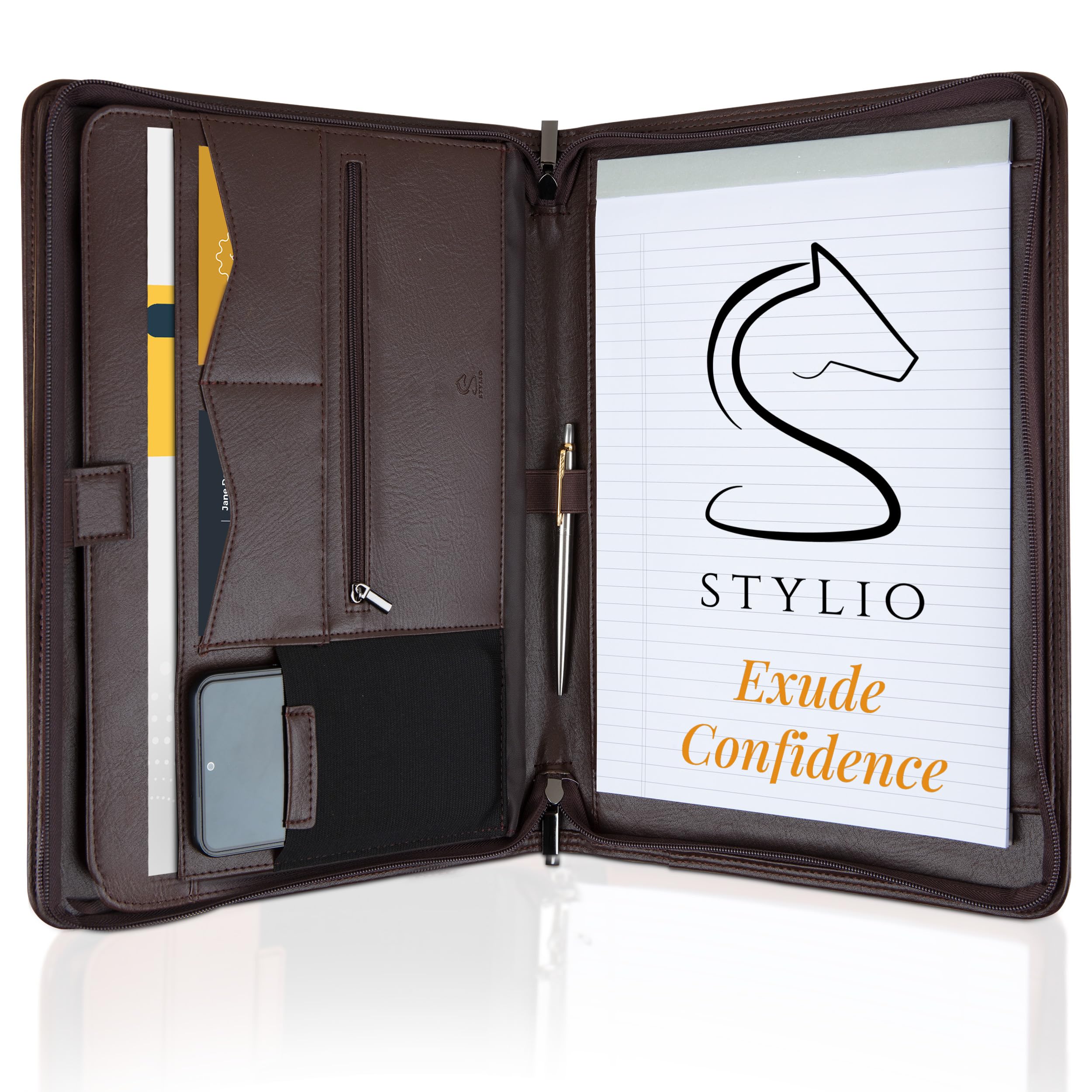 STYLIO Zipper Padfolio Portfolio Binder Organizer (Walnut Color) | Faux Leather Portfolio for Resume, Documents, Phone, Tablet, Business Supplies and