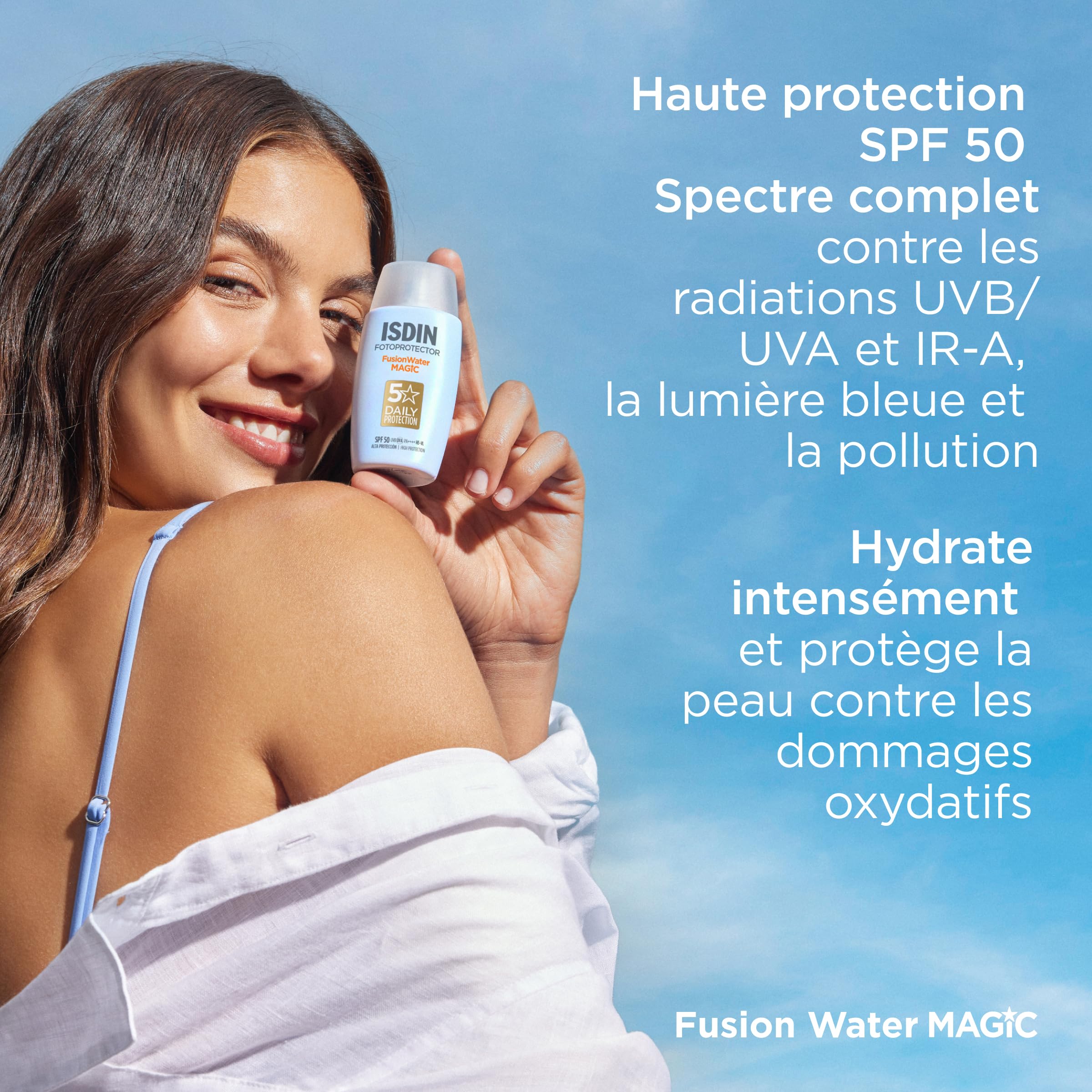 ISDIN Fusion Water MAGIC SPF 50 (50 ml) | Crème Solaire Visage à l'Acide Hyaluronique | Texture Ultra-légère & Fini Invisible | Sans Octocrylène