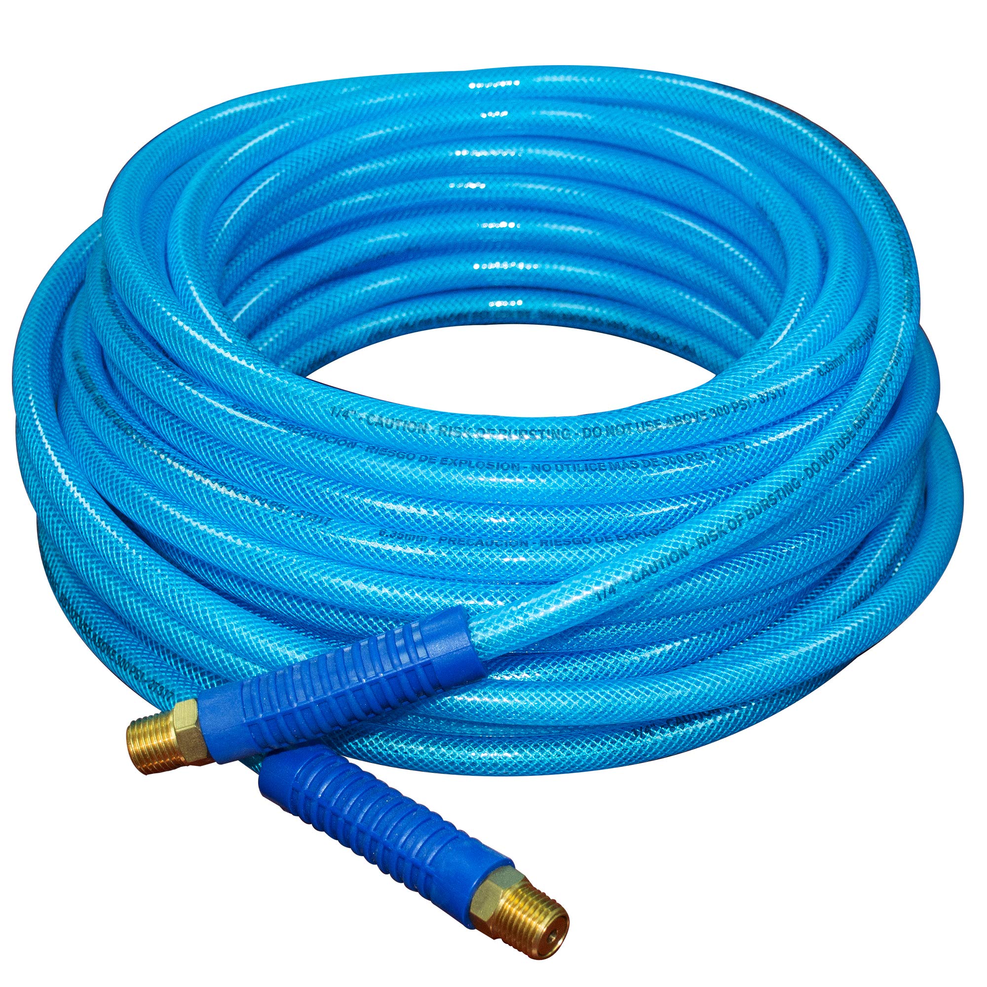 FIXSMITH-Reinforced-Polyurethane-Air-Hose,300 PSI,100 Feet x 1/4 Inch,PU Air Compressor Hose With 1/4" MNPT Brass Swivel End Fittings and Heavy Duty Bend Restrictors,Blue.