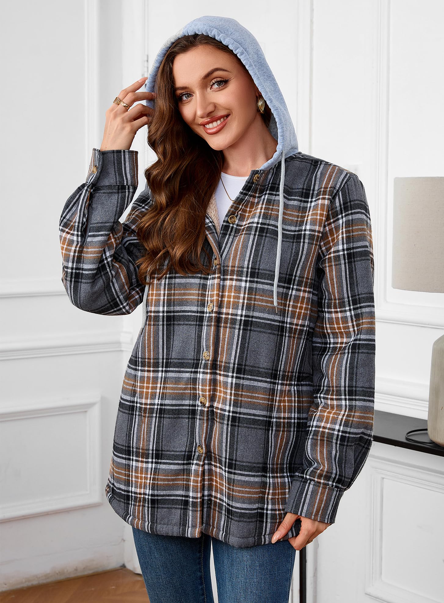 Damen Sherpa Gefüttert Flanell Hemdjacke Baumwolle Plaid Fleece Button Down Jacken mit Kapuze für Frauen