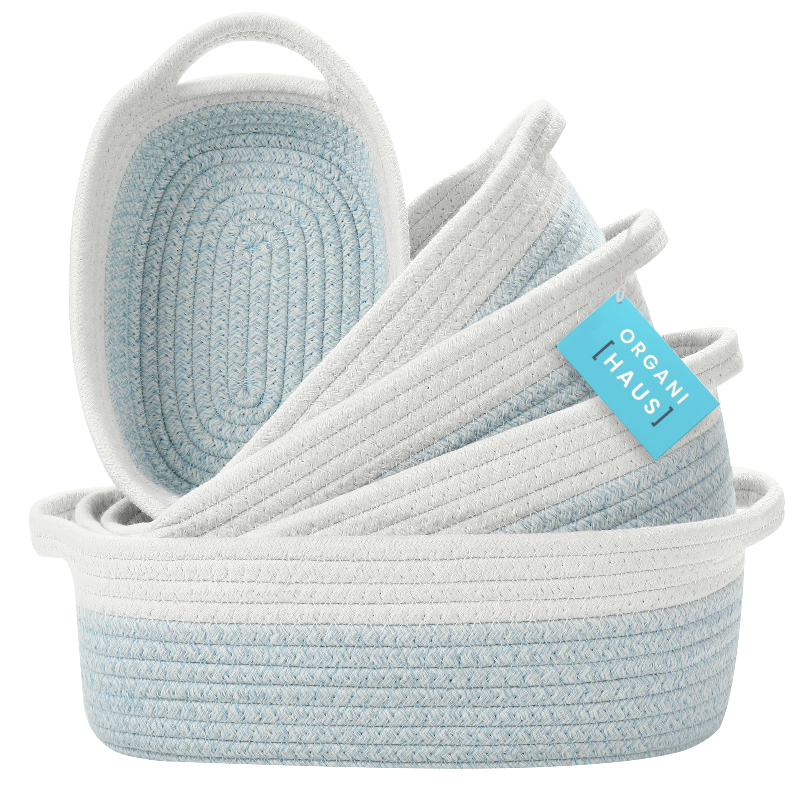 OrganiHaus Set of 5 Rectangle Storage Baskets for Organizing, Small Woven Basket for Storage Basket for Bathroom, Nursery Storage Basket for Baby Nursery Organization, Small Organizer Bins Blue/White