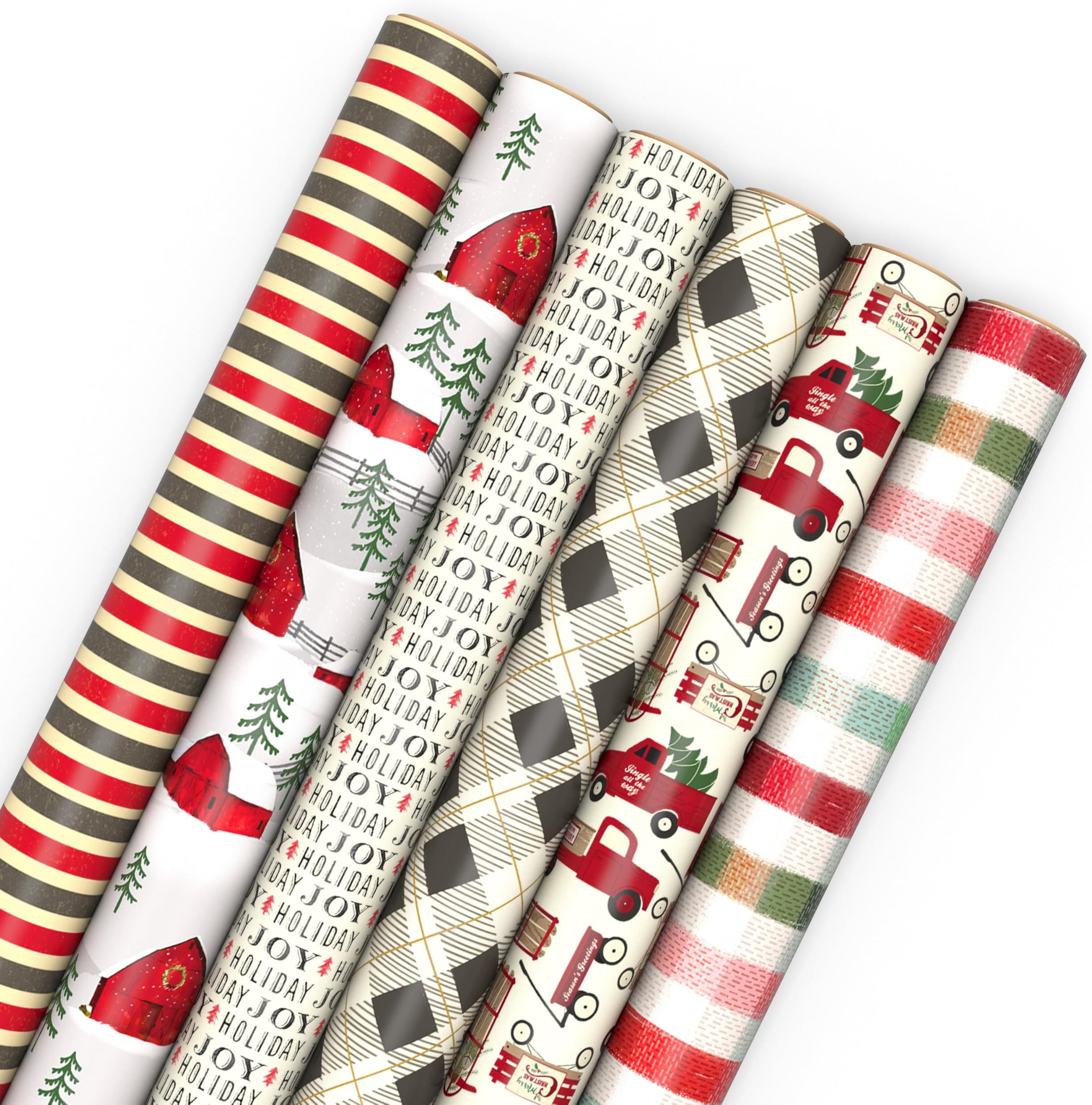 Rustic Christmas Wrapping Paper, 6 Rolls (Plaid, Red Truck, Barn)