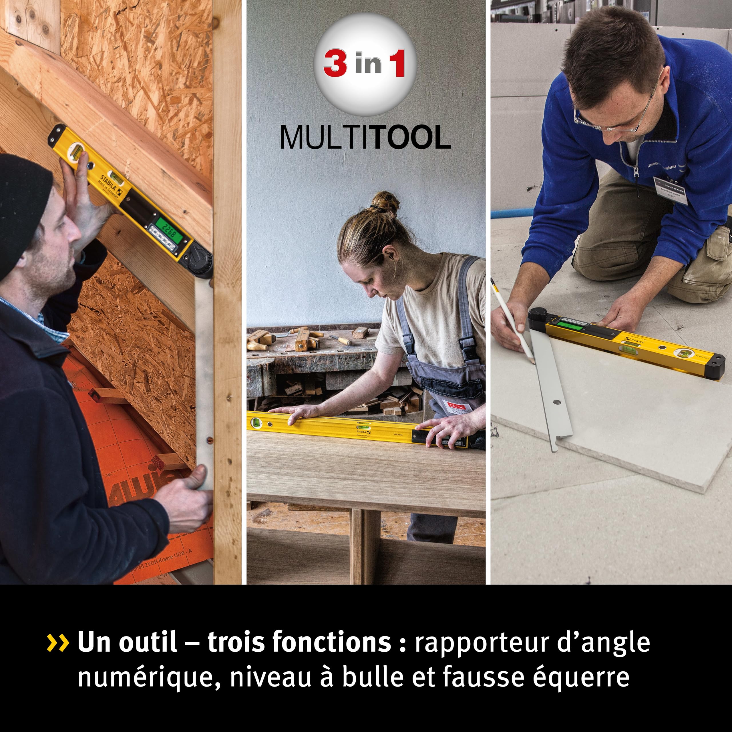 STABILA Rapporteur angle électronique TECH 700 DA, 80 cm avec affichage numérique, mesure 0-270°, degrés, 1 fiole horizontale, 1 verticale, classe protection IP54, étui