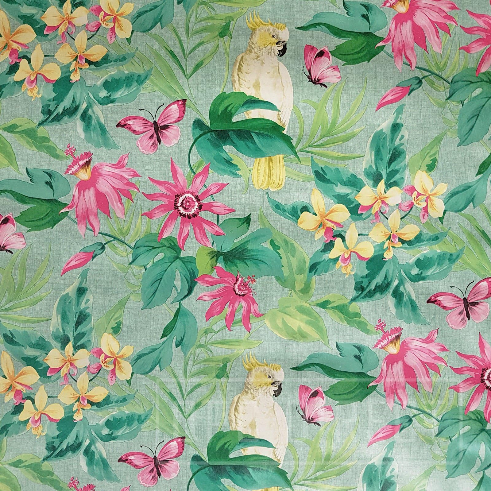 QPC DirectPolly Parrot Tropical Flowers TEAL PVC Oilcloth Table Cover Vinyl Tablecloth (200 x 140cm)