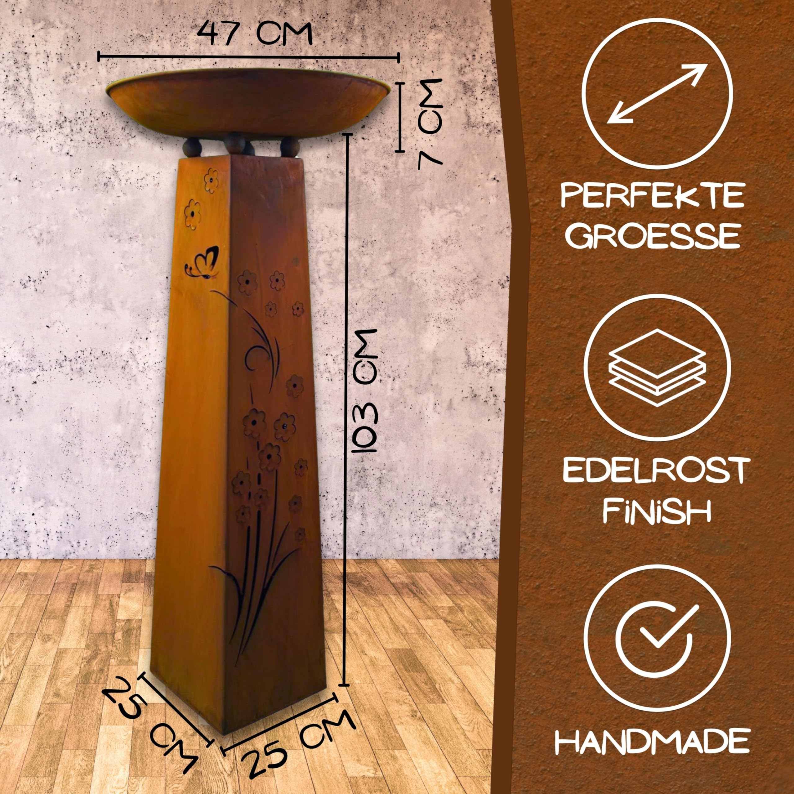 Columna de Flores Jardín, Rostsäule con Nombres, Patina Columna con Cuenco