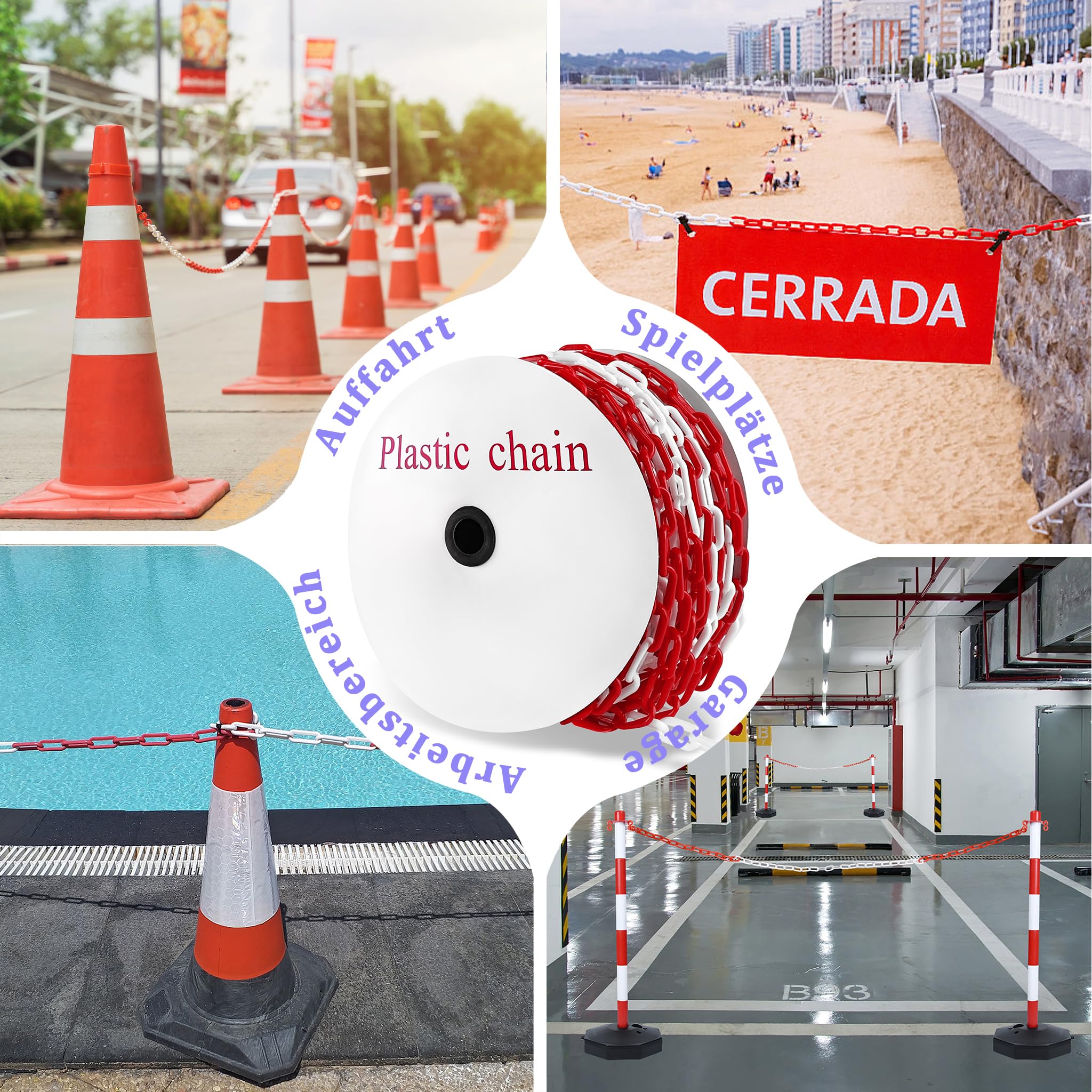 Aufun 50m Chaîne en Plastique Rouge/Blanche 6mm - Chaîne de Sécurité en Plastique pour Avertissement, Visible et Solide, Idéale pour la Fermeture de Zones, Barrière de Parking