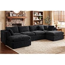GRUSIGN 141 Oversized Boneless Cloud Couch for Living Room, Modern Big Sectional Compressed U Shape Couch with 2 Ottoman, Comfy Chenille Deep Seat Memory Foam Spineless 6 Seater Sofa,Black
