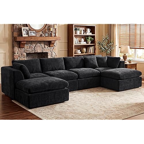GRUSIGN 141'' Oversized Boneless Cloud Couch for Living Room, Modern Big Sectional Compressed U Shape Couch with 2 Ottoman, Comfy Chenille Deep Seat Memory Foam Spineless 6 Seater Sofa,Black | Premium Chenille, Cloud-Like Comfort, Versatile Style, Washable Covers, Flexible Modular, No Assembly Needed