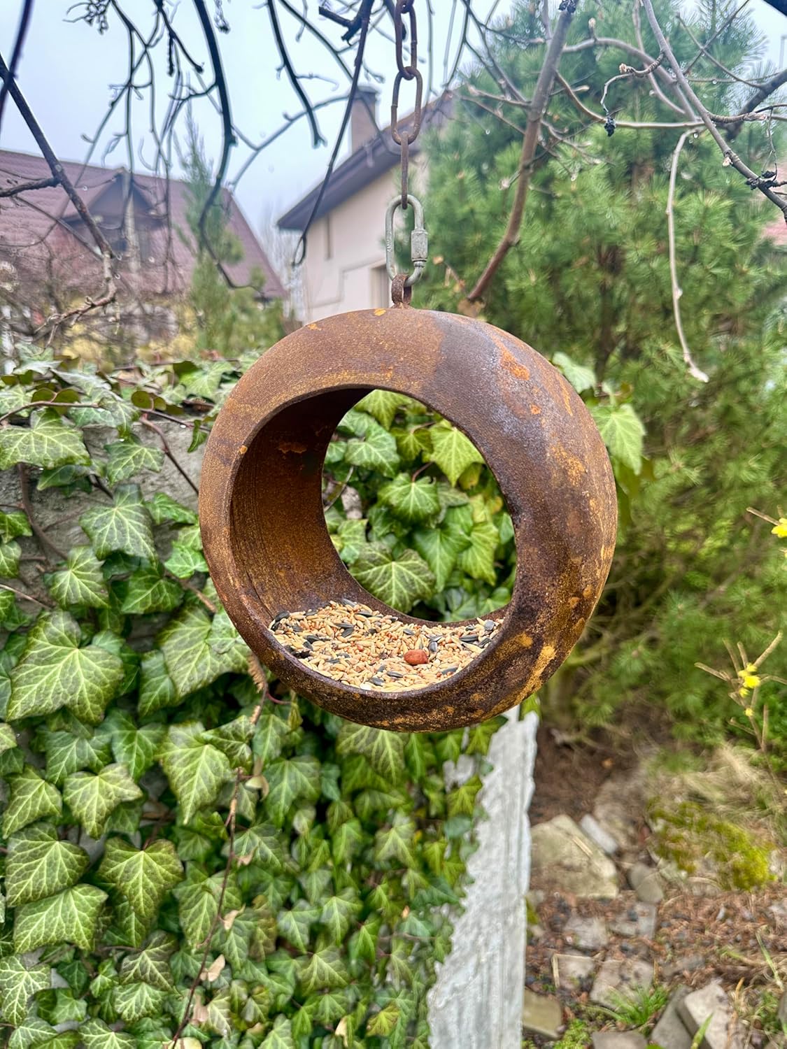 Rusty Bird Feeder, Modern Rusty Metal Bird Feeders, Bird Snack Bowl, Outdoor Garden Decor, Bird Perch, Metal Garden Decor, Yard Art