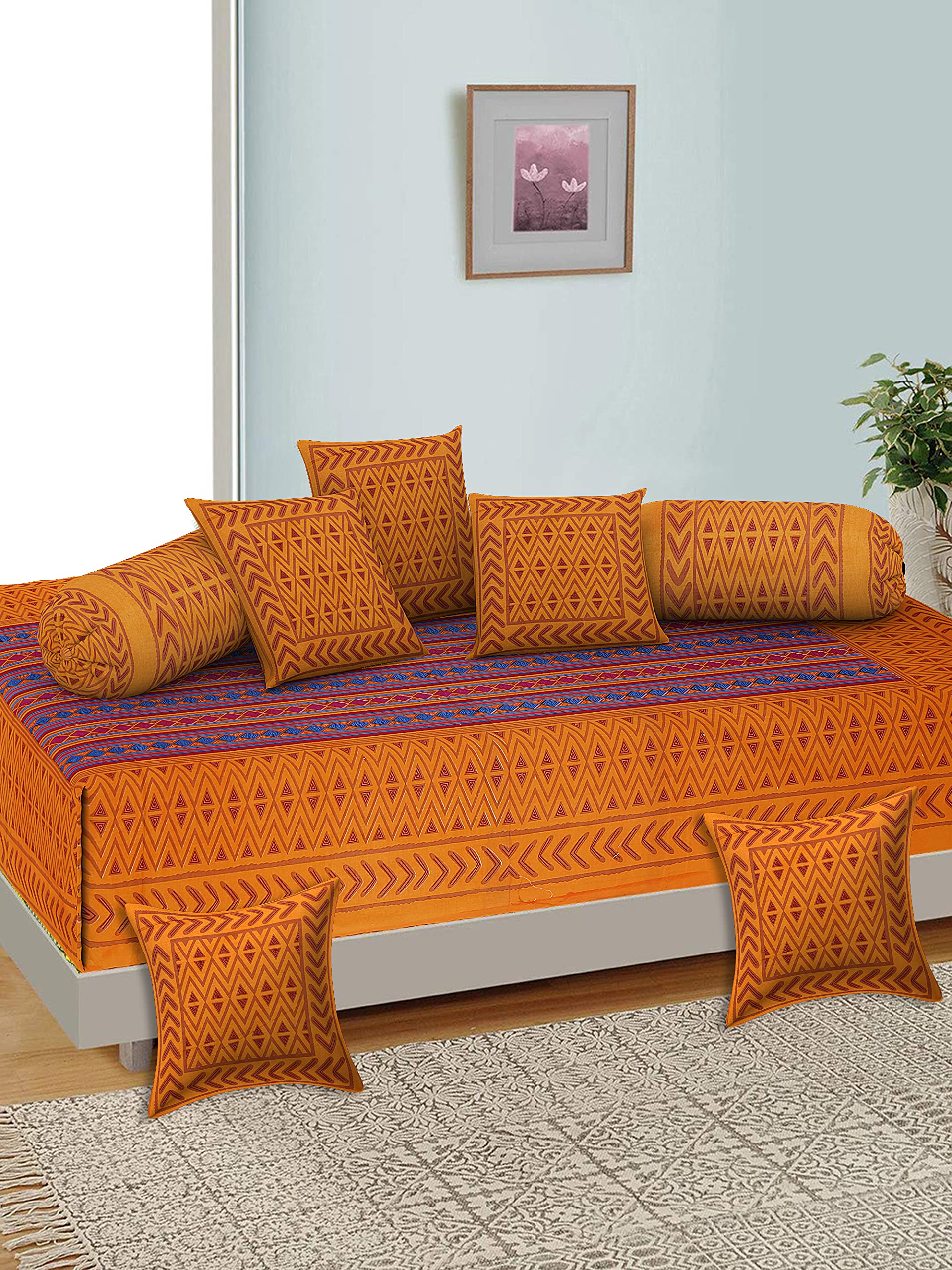 UNIBLISS100% Cotton Rajasthani Traditional Diwan Set Covers 8 Piece Set of 1 Single Bedsheet 2 Bolsters and 5 Cushion Covers - (DS_02-Yellow)