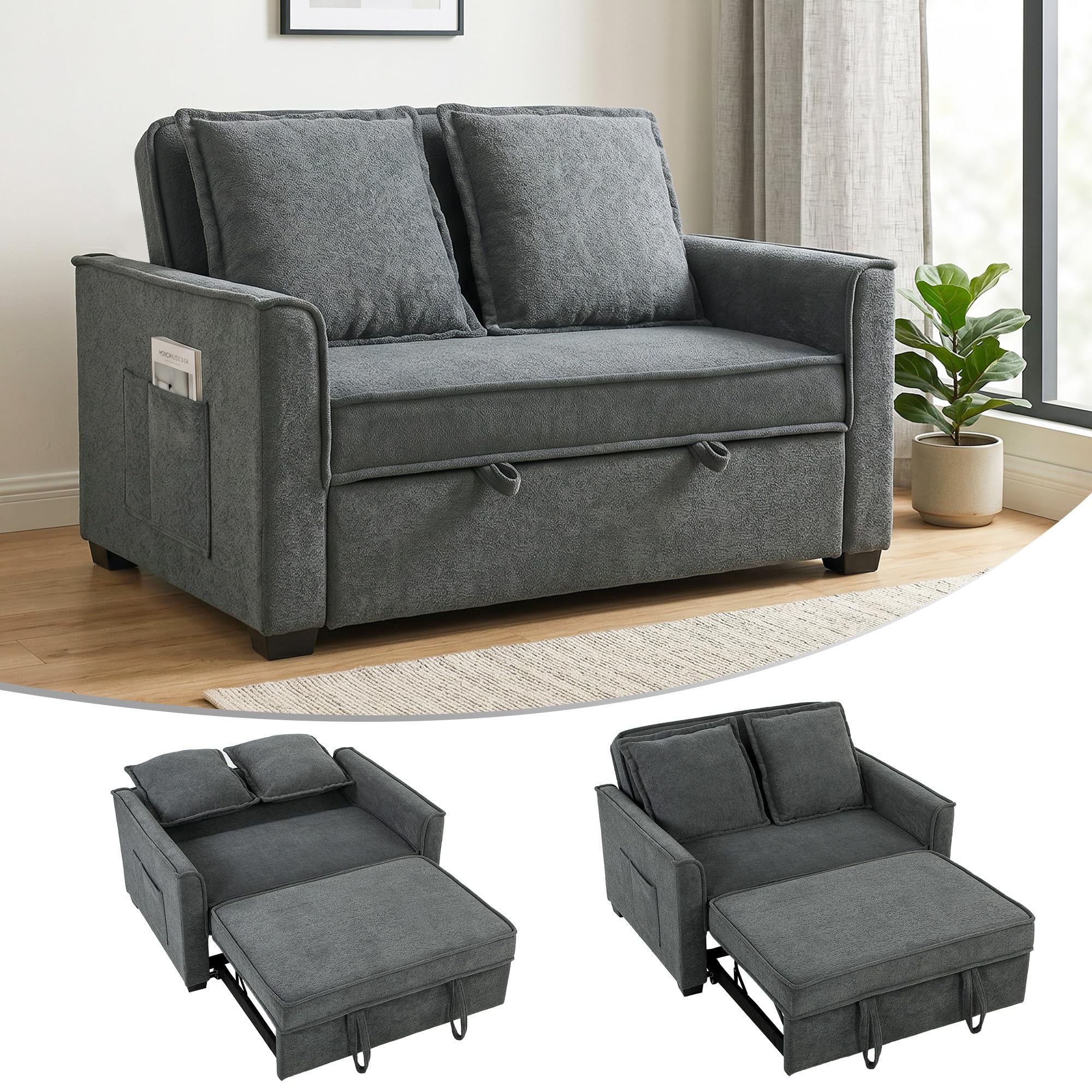 HOMCOM Sofá Cama 2 Plazas 3 en 1 Respaldo Ajustable Gris Oscuro | Sofá Cama Tejido Rizo, 3 Niveles, Bolsillos Laterales, 2 Almohadas con Fundas Extraíbles, Sala de Estar, Espacios Pequeños