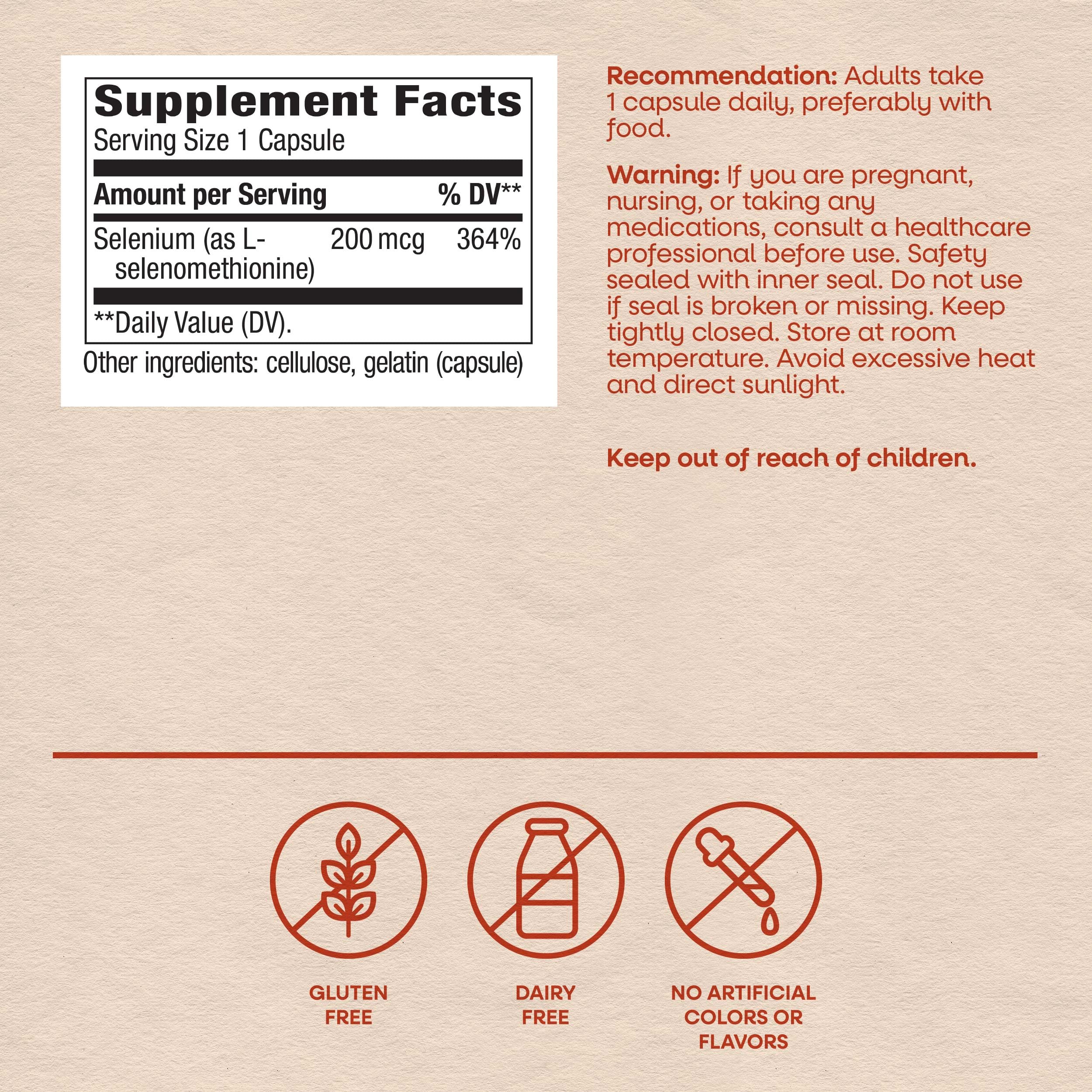 Nature's Way Selenium - L-Selenomethionine Supplement for Antioxidant Support* - 200 mcg per Serving - Dairy, Soy & Gluten-Free - 100 Count (100 Servings) — Amazon image 6