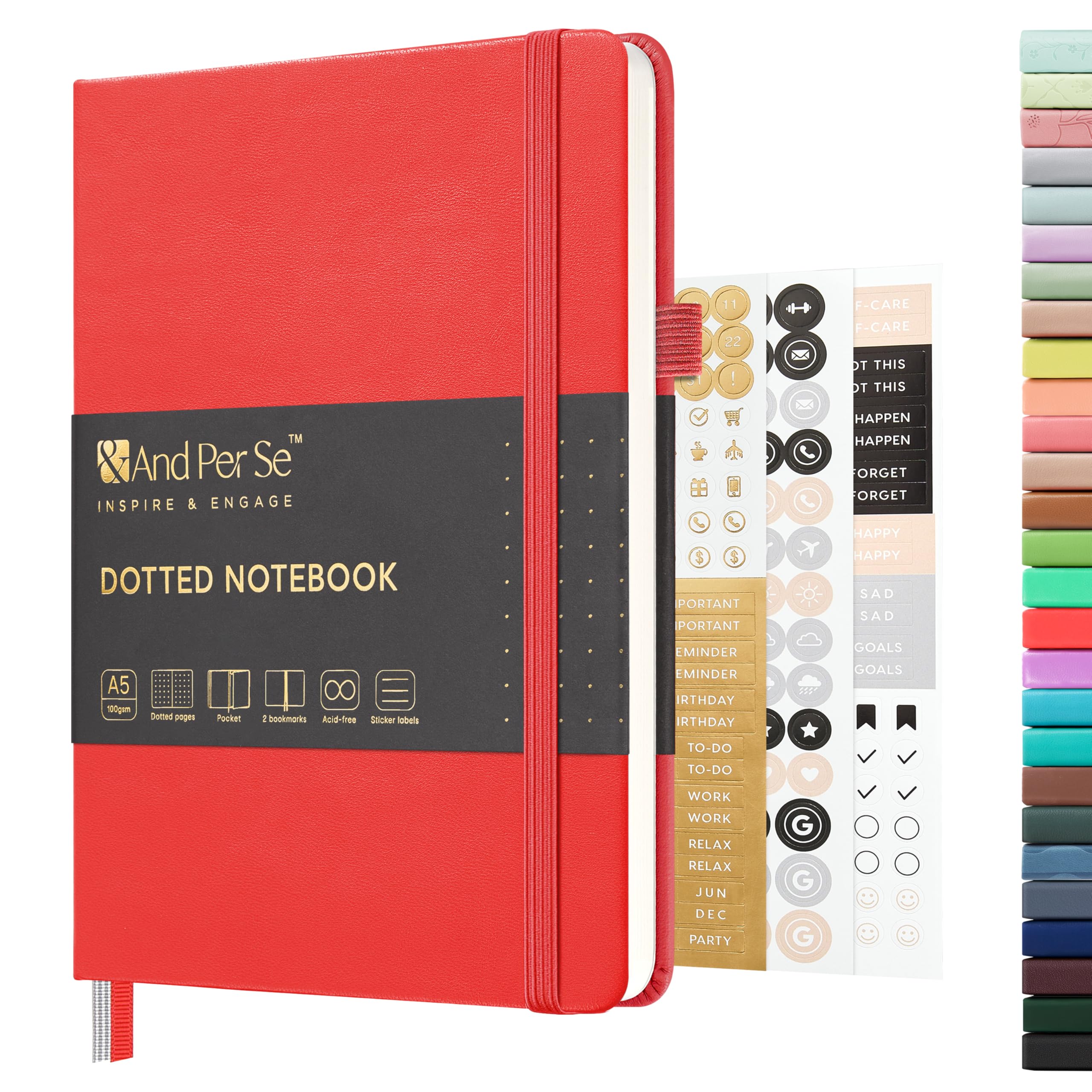 Dotted Journal Notebook, A5 Hardcover Leather Bullet Dotted Journal, 160 Pages 100 gsm Thick Paper, 3 Sheets of Stickers Included - 5.7'' x 8''（Red）