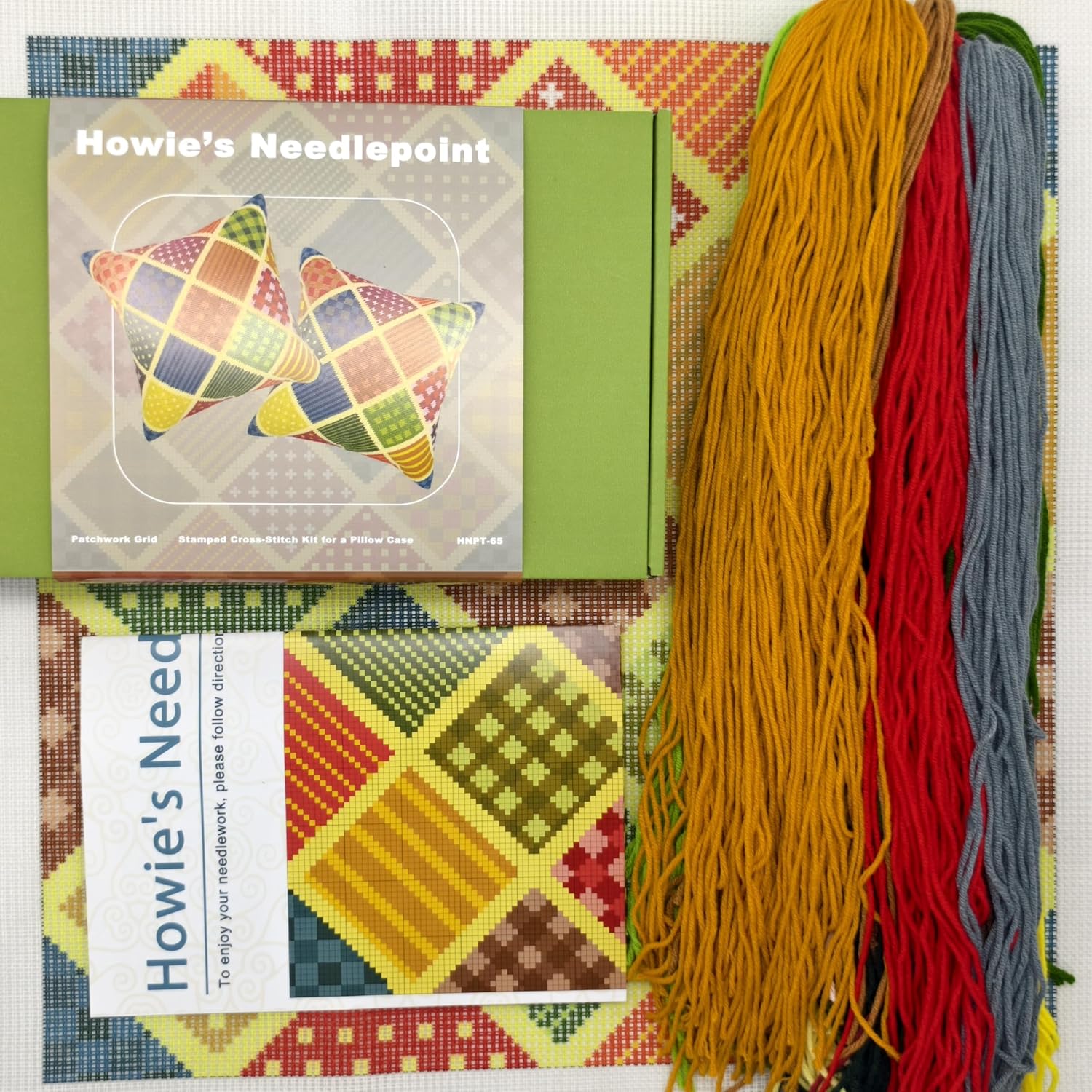 Howie's Needlepoint Needlepoint Kits for Adults Beginners, Thick Vintage Needlepoint Pillow Front Kit with Stamped Pattern on Canvas, Yarn, 2 Needles and Instruction, 16 x 16inch(Patchwork Grid)