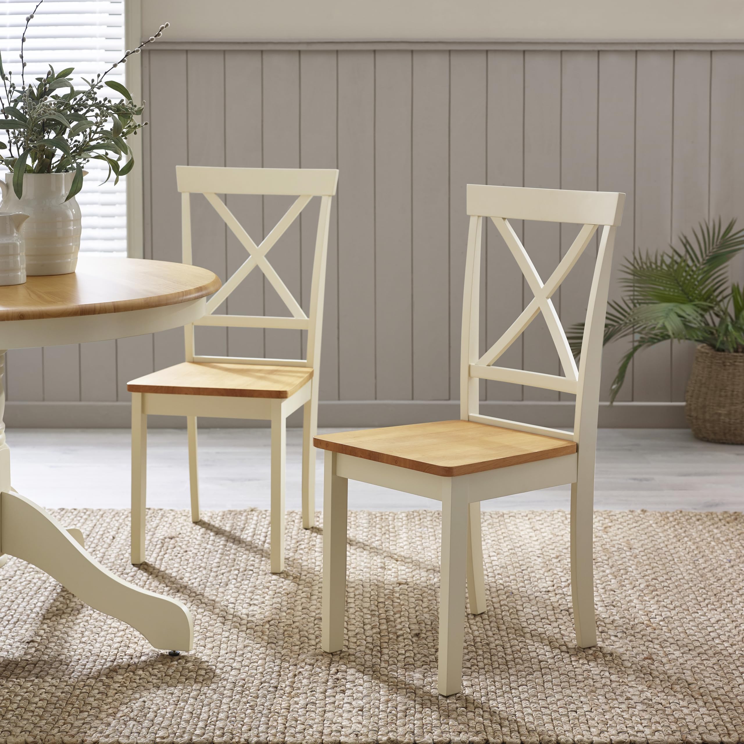 Furniturebox UK Wooden Dining Chairs - 2x Millford Cream & Oak Effect Solid Wooden Dining Chairs - Cross Back - Modern Rustic Farmhouse Furniture - Solid Rubberwood