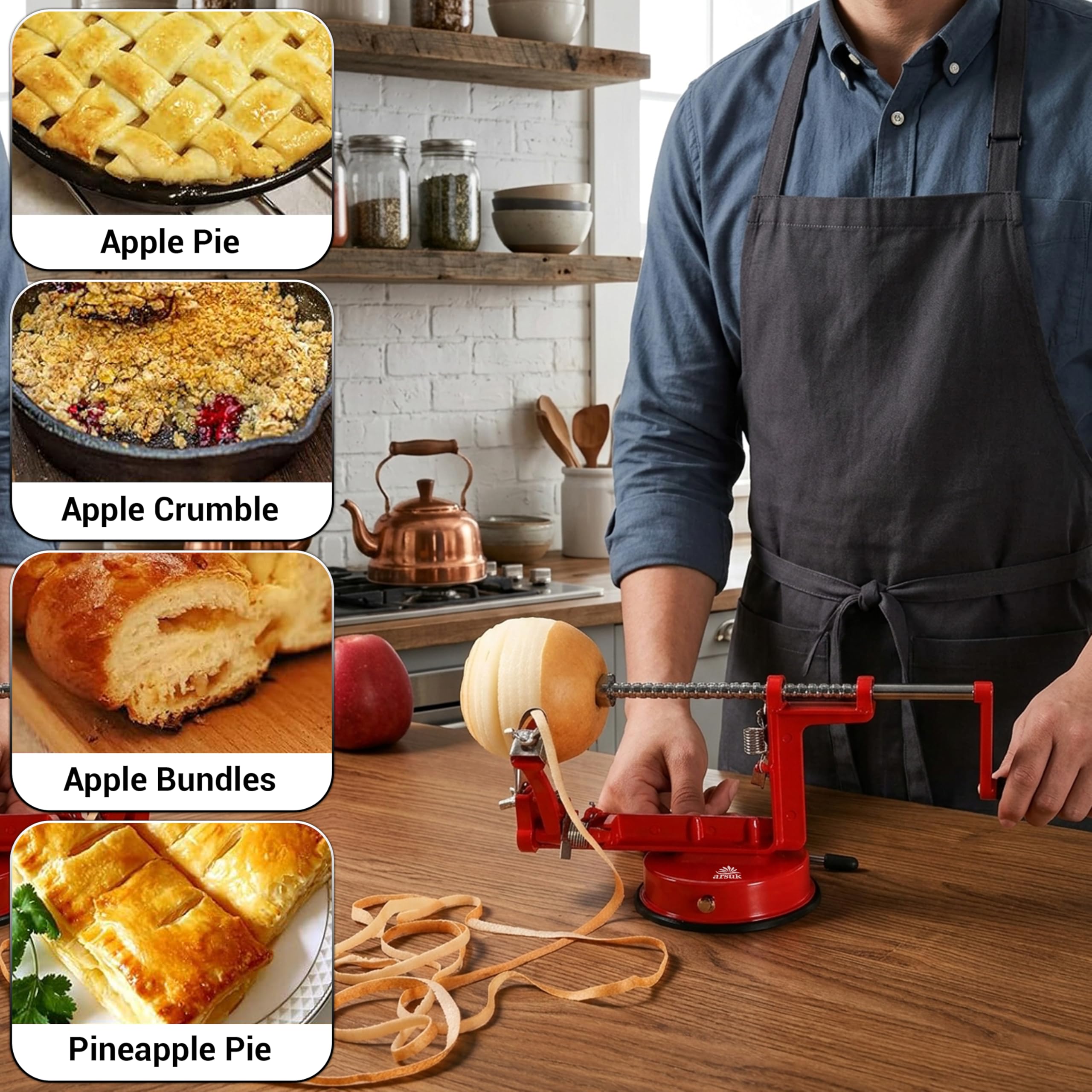 Sbuccia Mela Affettatrice e Levatorsoli - (2 Lame Extra e 1 Levatorsoli) Macchina da Cucina 3 in 1 per Pelare Verdure e Frutta, Lama Regolabile in Acciaio Inox, Base Antiscivolo a Ventosa
