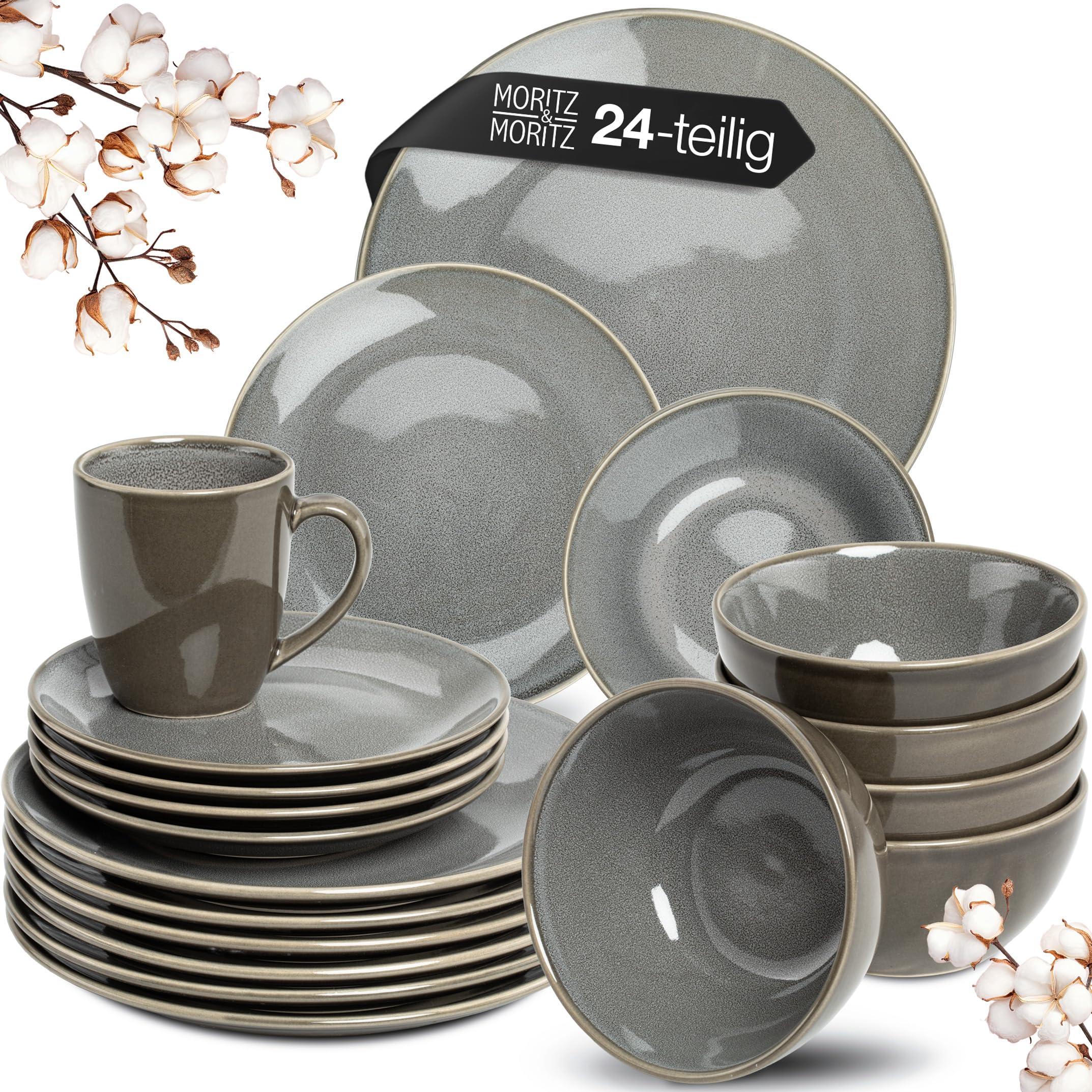 Moritz & Moritz SENSE 24-tlg. Geschirrset 6 Personen Grau - Stylisches Steinzeug Geschirr Set - Kratz-, Mikrowellen- & Spülmaschinenfest, Essgeschirr, Tafelservice, Kombiservice 6 Personen