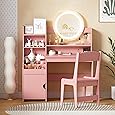 Garvee Kids Vanity with Lights, 2 in 1 Princess Makeup Vanity Desk Toddler Vanity Table & Chair Set with Open Bookshelf, Storage Cabinet & Shelves for Little Girls,Pink