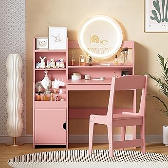 Garvee Kids Vanity with Lights, 2 in 1 Princess Makeup Vanity Desk Toddler Vanity Table & Chair Set with Open Bookshelf, Storage Cabinet & Shelves for Little Girls,Pink
