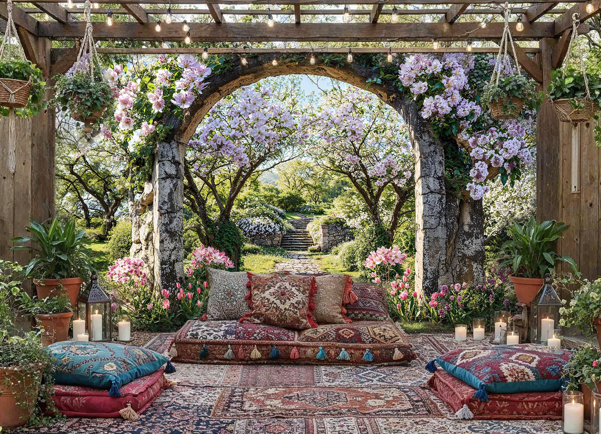 Sabrikas Let Your Creative Spirit Run Free Green Apple Blossom Garden Mural, Waterproof Tapestry Curtain Outdoor Wall Hanging, Party Decorations, Photography Backdrop, Wall Art, Fence Decoration, Decor Wall Art & Outdoor Tapestry (W300cm X H180cm)