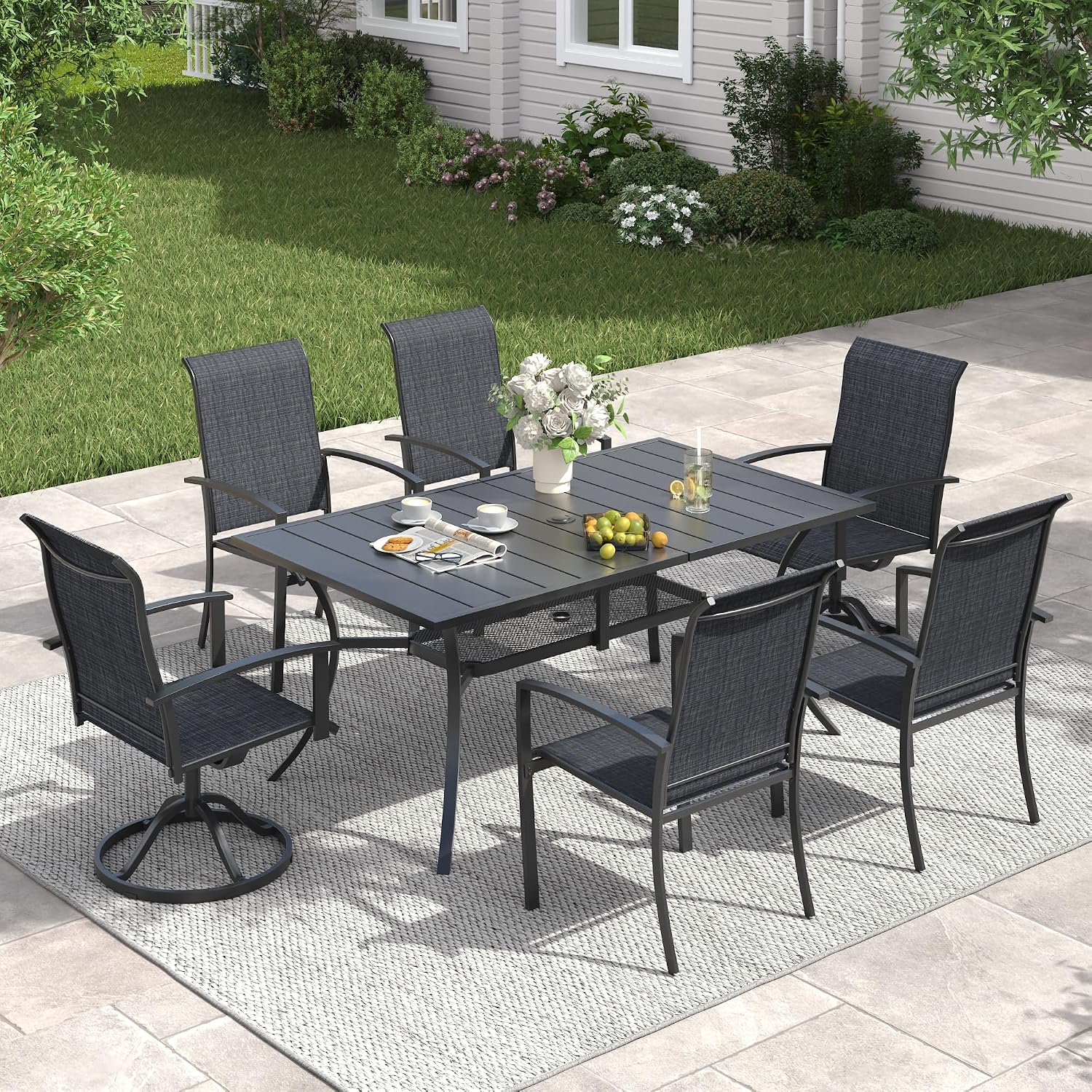 VICLLAX 7 Pieces Patio Dining Set for 6, 59" Rectangle Outdoor Table and Chairs (4 Fixed Chairs and 2 Swivel Chairs) for Deck Garden, Black