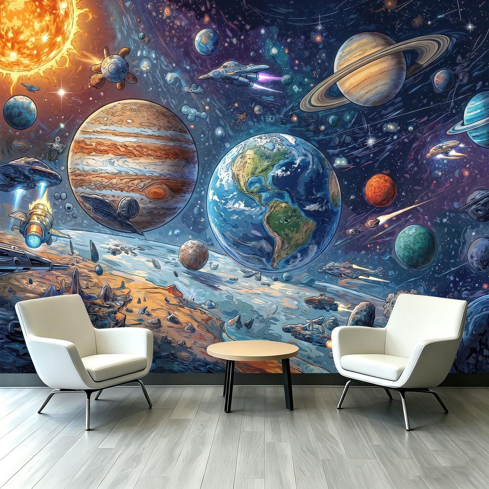 Kosmiczne gwiazdy tapeta statek kosmiczny - wszechświat kreskówka wzór fototapeta - murale ścienne do salonu, sypialni, pokoju dziecięcego i kuchni, fototapeta i dekoracja wnętrz, 250 x 175 cm (szer