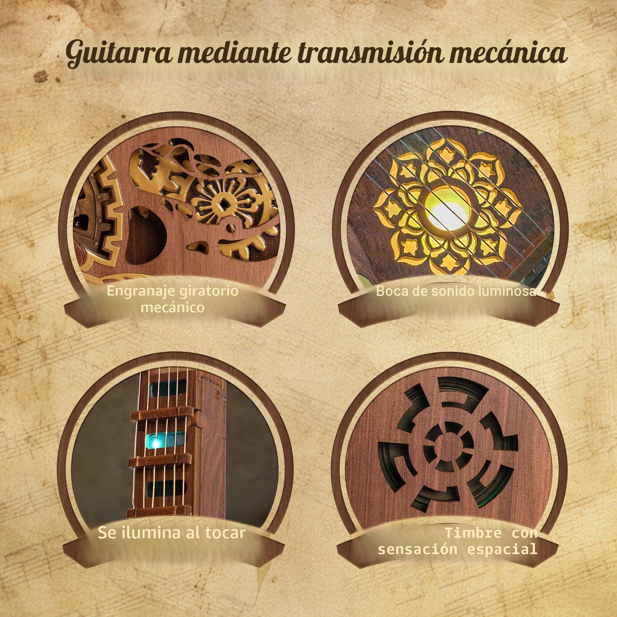 FUNPOLA Puzzle 3D de madera guitarra de acordes LED Kit – Maquetas para Construir para Adultos, modelo de guitarra acústica tocable con luces LED, puzzle musical mecánico DIY para adultos y adolescent