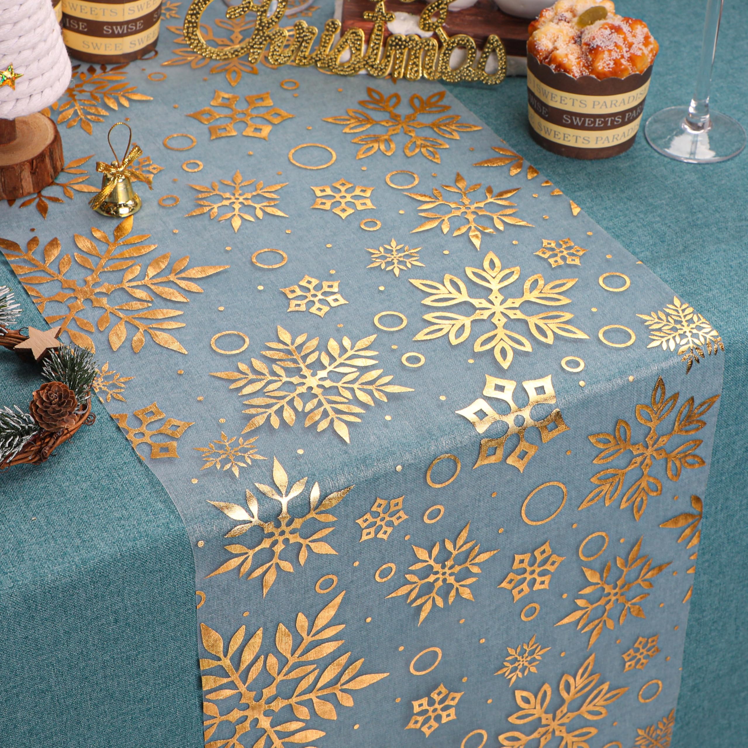 WELTRXE Christmas Table Runner, Snowflake Gold Foil Pattern, 28cm x 5M Sparkle Mesh Table Runner Roll, Reusable, Cuttable, Sparkling Table Decoration, Shinny Festival Party Sash Bows Dinner Decor