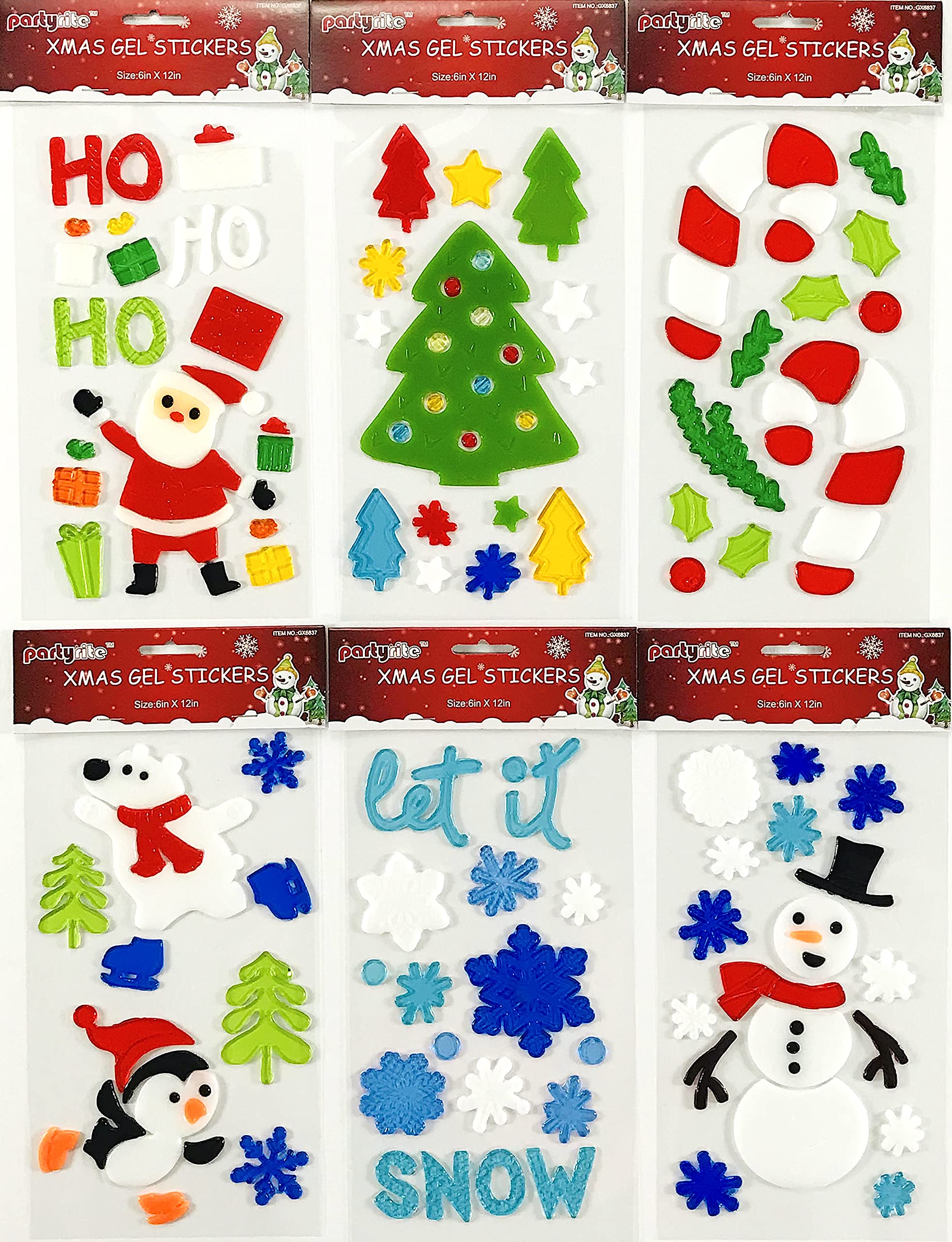 Christmas Gel Cling Stickers for Windows and Mirrors - 6 Sheets of Winter Designs: Polar Bear, Santa Claus, Snowman, Snowflakes, Reindeer, Christmas Trees and More!