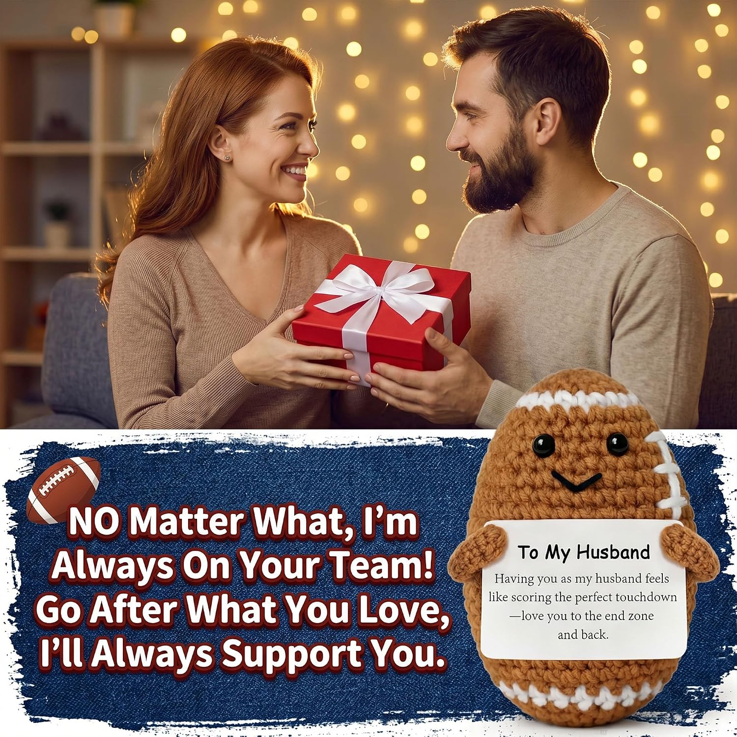 Handmade Crochet Football Gift for Husband – Emotional Plush Keepsake, Inspirational Present from Wife, Cute Anniversary Birthday Wedding Home Decor