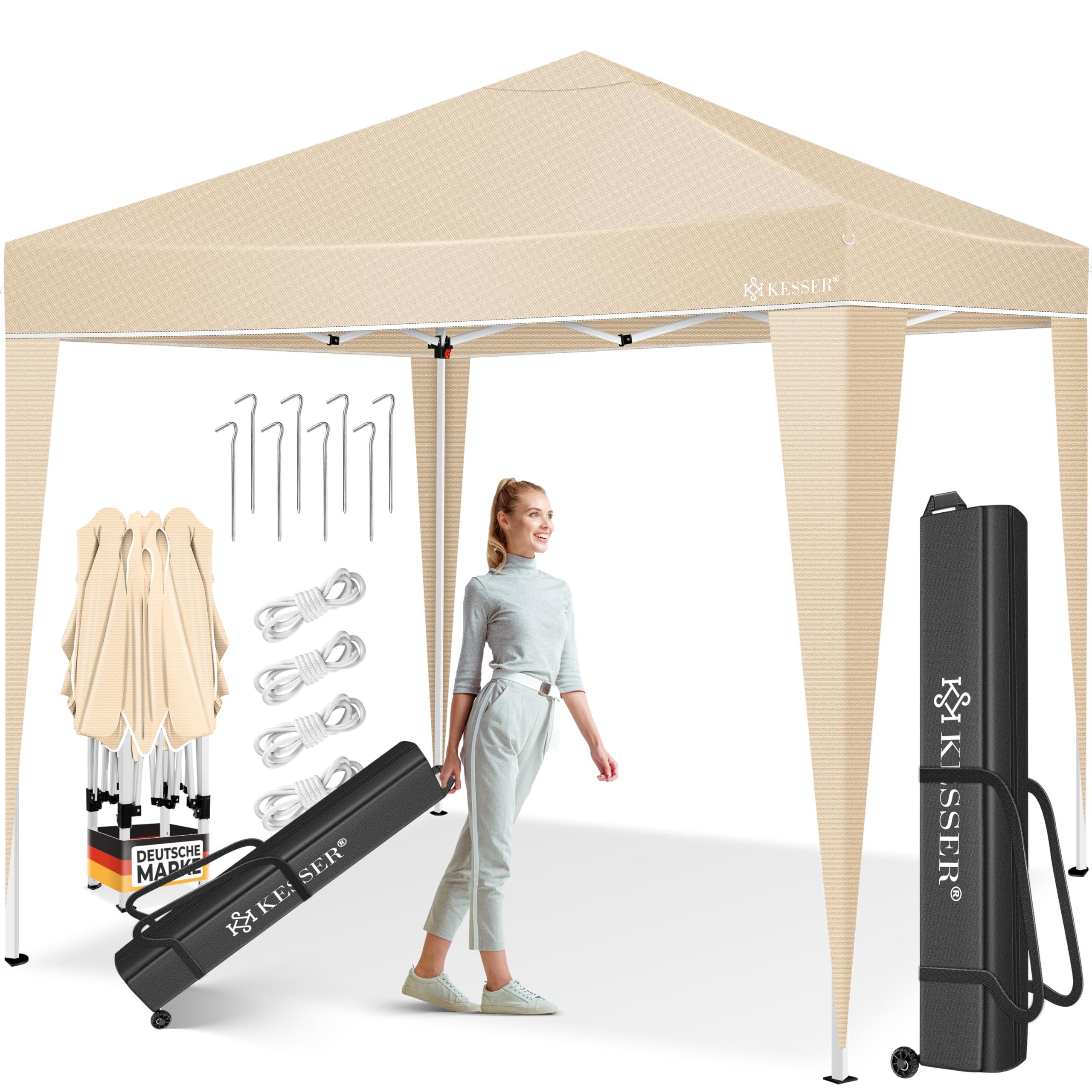 KESSER® Pavillon Faltpavillon 3x3m | Pop-Up Gartenpavillon Höhenverstellbar Stabil Wasserdicht Winterfest | Partyzelt Festzelt UV-Schutz 50+ inkl. Tasche mit Rollen & Bodenanker | Beige