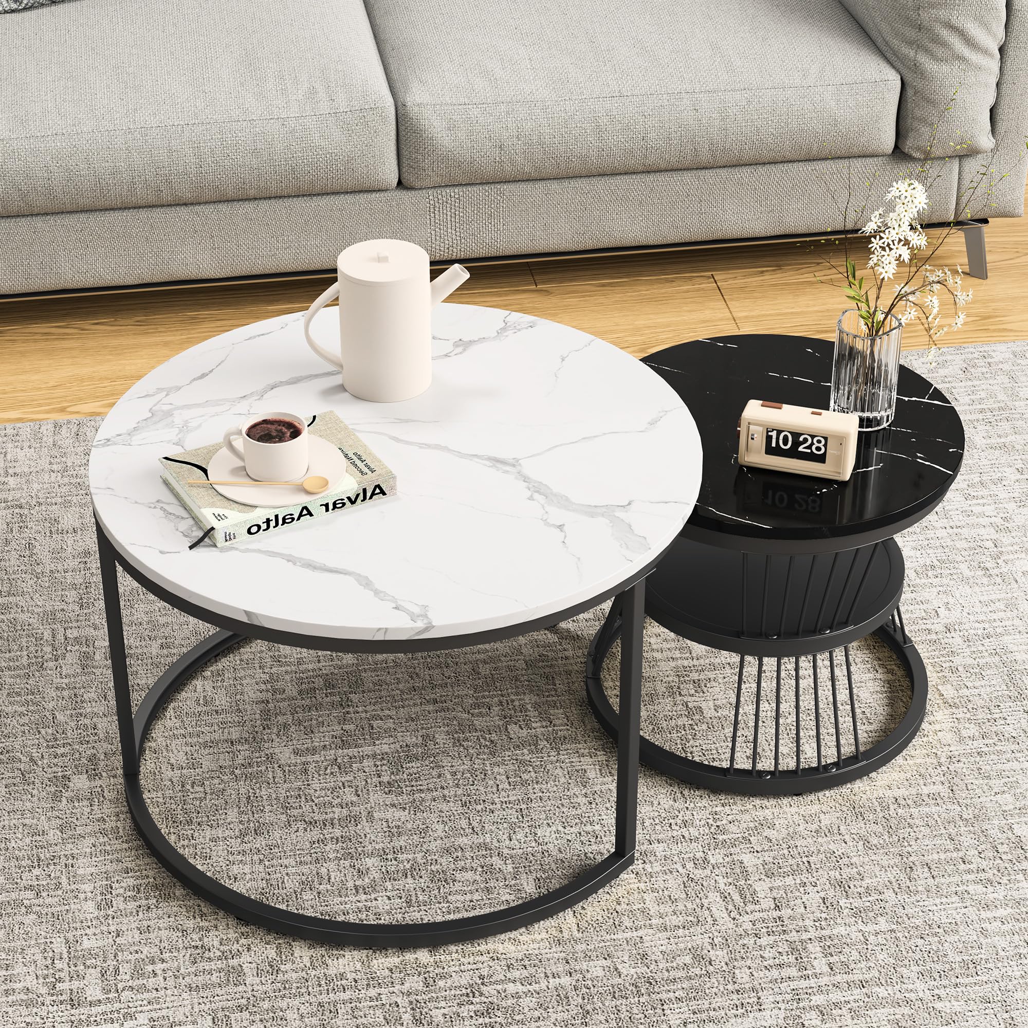 Set di 2 Tavolini da Caffè, Tavolino da Caffè in Marmo con Struttura in Metallo, Tavolino Rotondo,Tavolini Impilabili per Il Soggiorno, La Camera da Letto, Il Balcone (Bianco + nero, 70+45 cm)